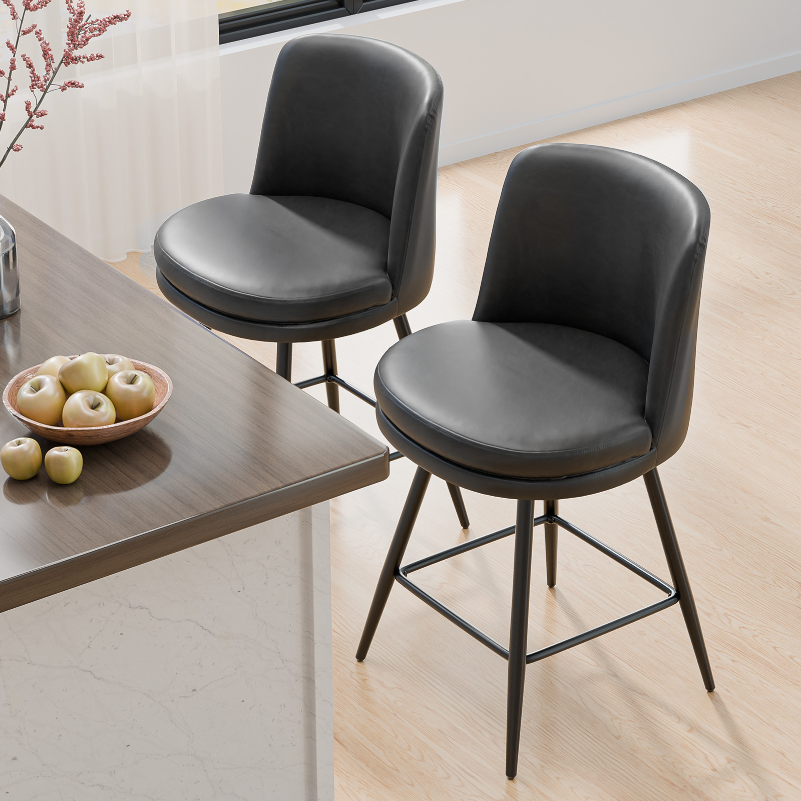 Bar Stools 360°Swivel Upholstered Backrest Synthetic Leather for Kitchen Island - Picture 32 of 50