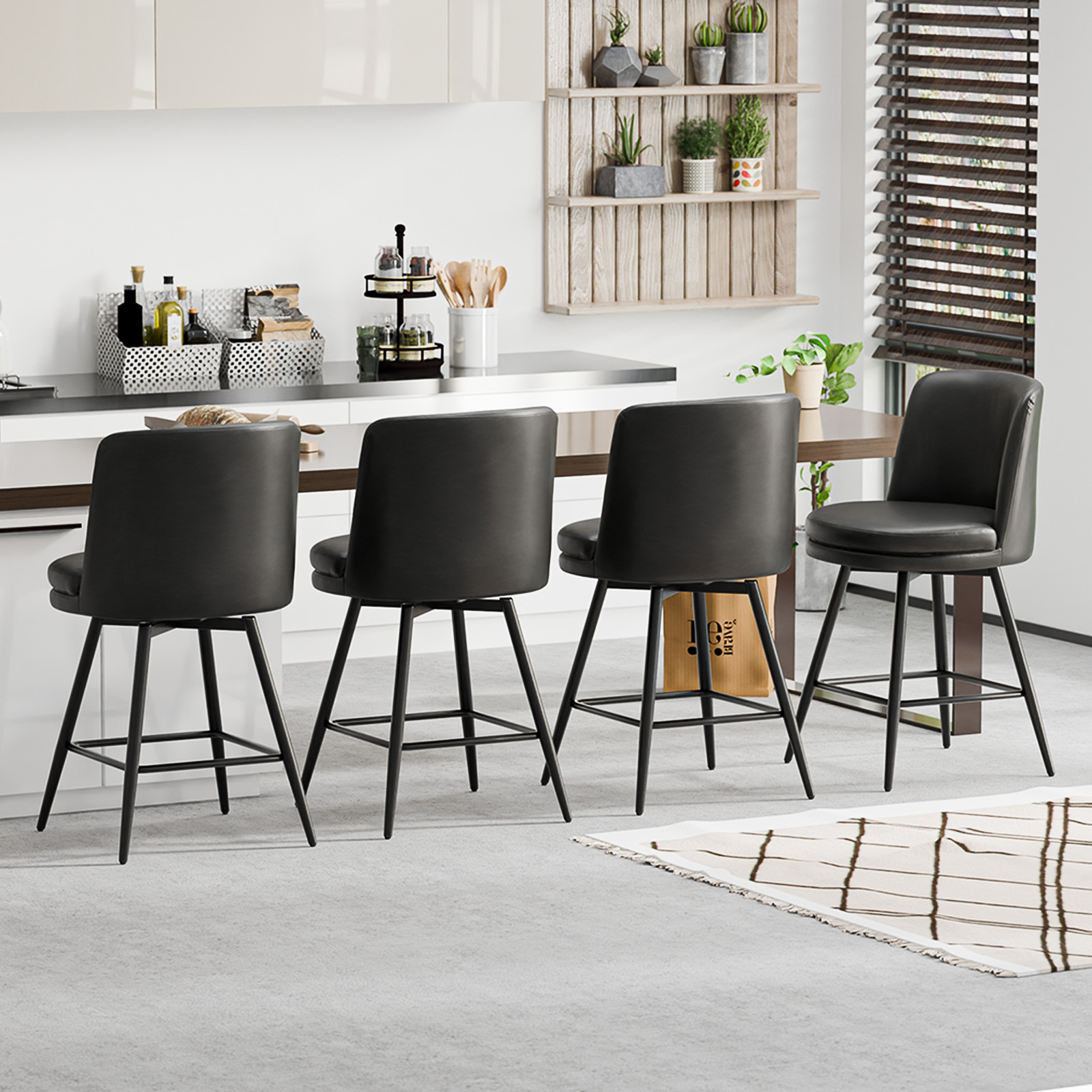 Bar Stools 360°Swivel Upholstered Backrest Synthetic Leather for Kitchen Island - Picture 33 of 50