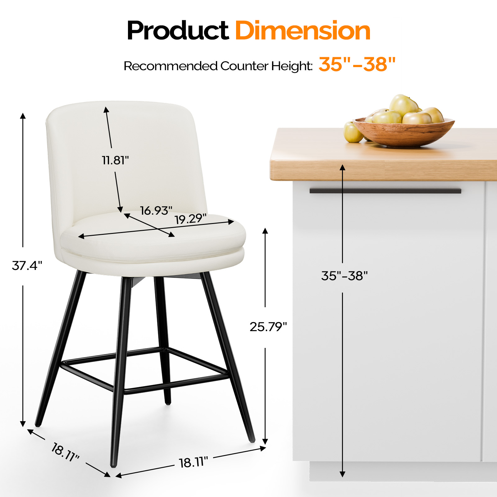 Bar Stools 360°Swivel Upholstered Backrest Synthetic Leather for Kitchen Island - Picture 26 of 50