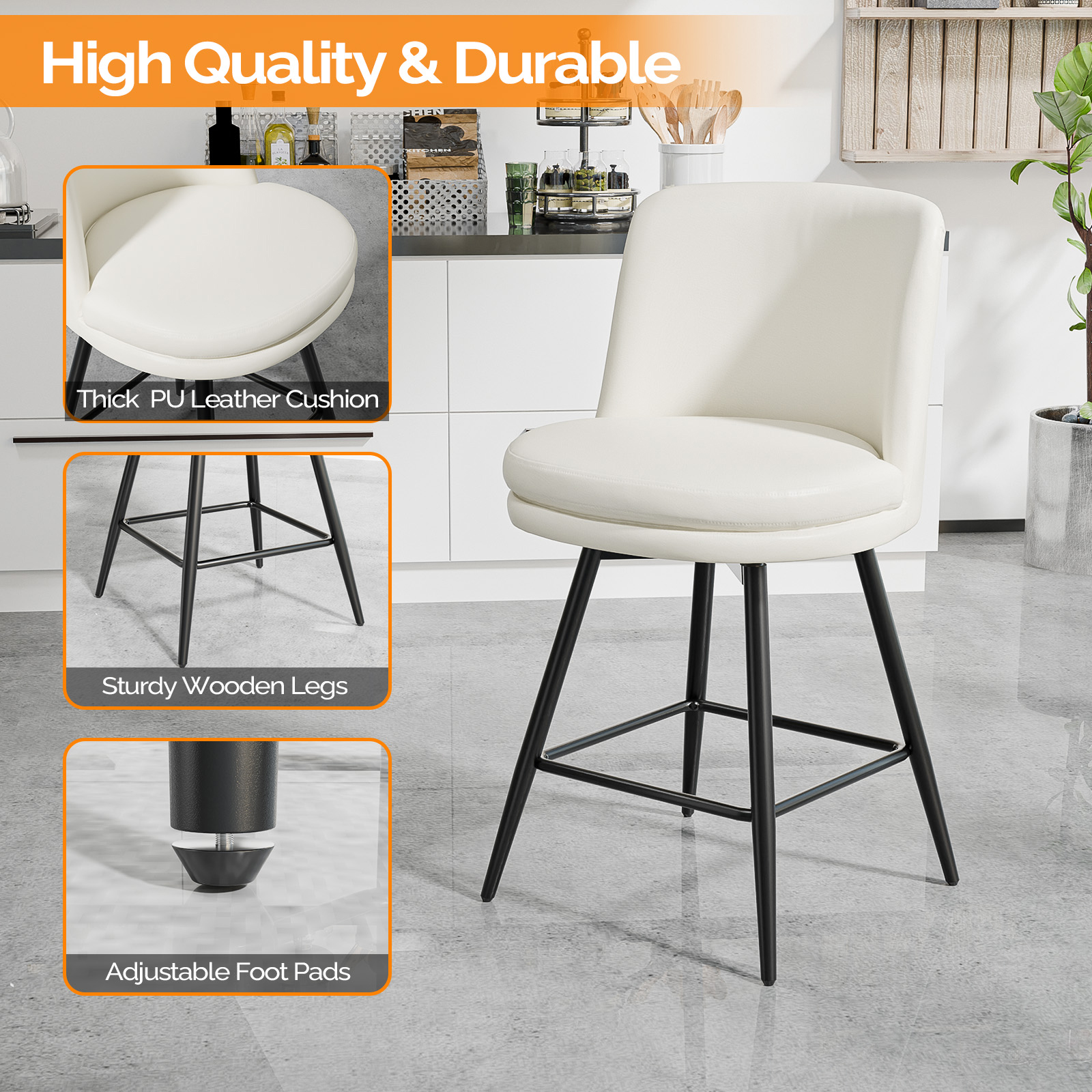 Bar Stools 360°Swivel Upholstered Backrest Synthetic Leather for Kitchen Island - Picture 27 of 50