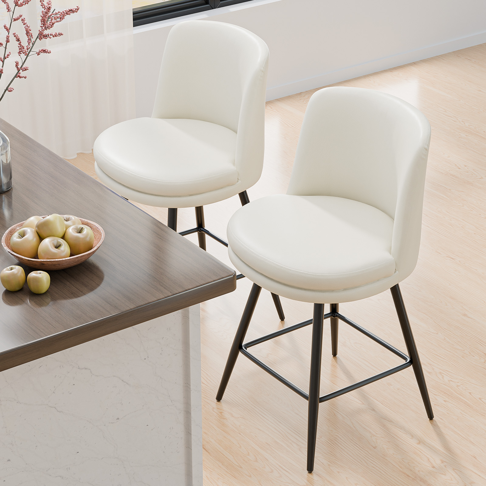 Bar Stools 360°Swivel Upholstered Backrest Synthetic Leather for Kitchen Island - Picture 28 of 50