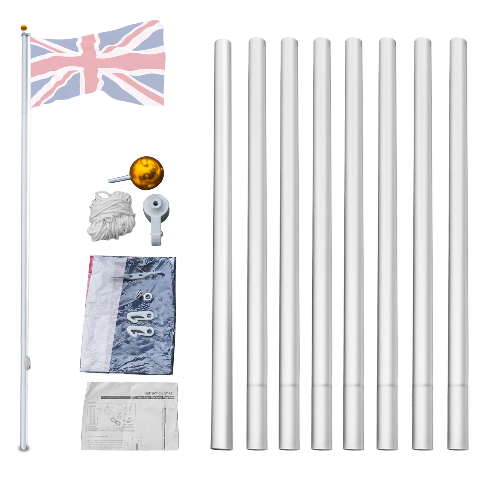 20/25/30FT Yard Telescopic Flagpole Aluminium Sectional Flag Pole Kit w/ UK Flag - Picture 18 of 52