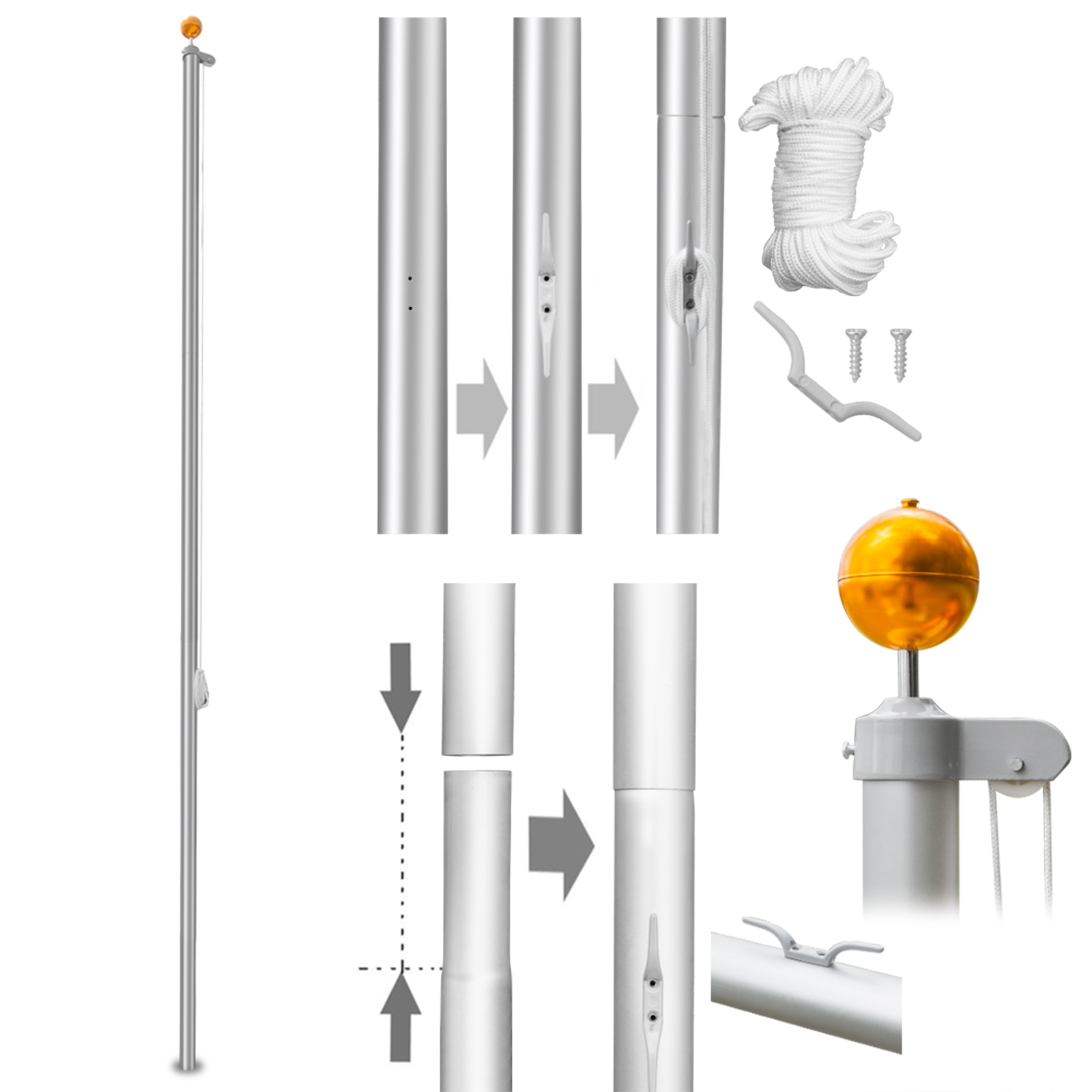 20/25/30FT Yard Telescopic Flagpole Aluminium Sectional Flag Pole Kit w/ UK Flag - Picture 16 of 52