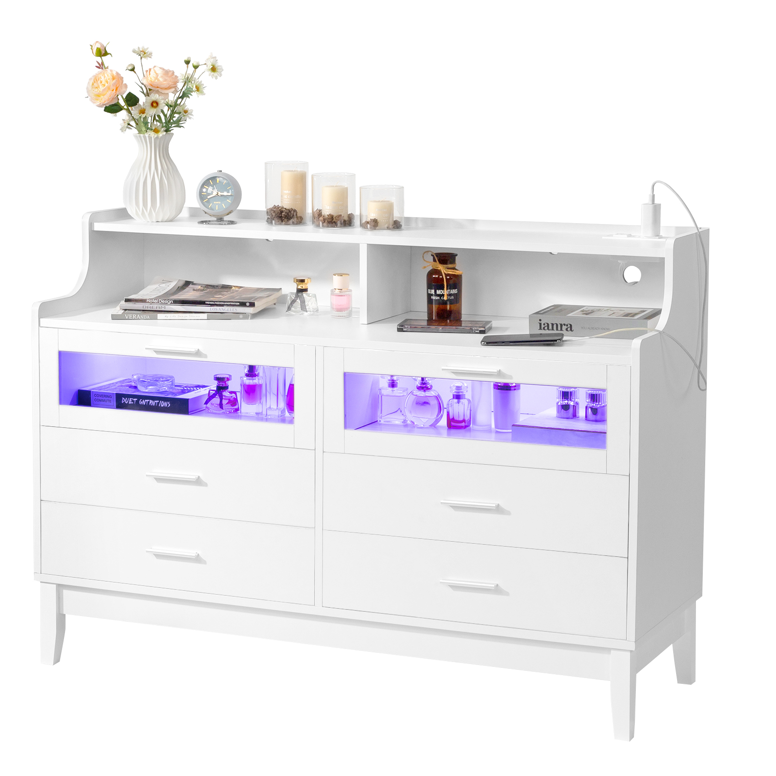 Wood 6 Drawers Dresser for Bedroom TV Stand with USB Power Outlets & LED Lights - Picture 12 of 15