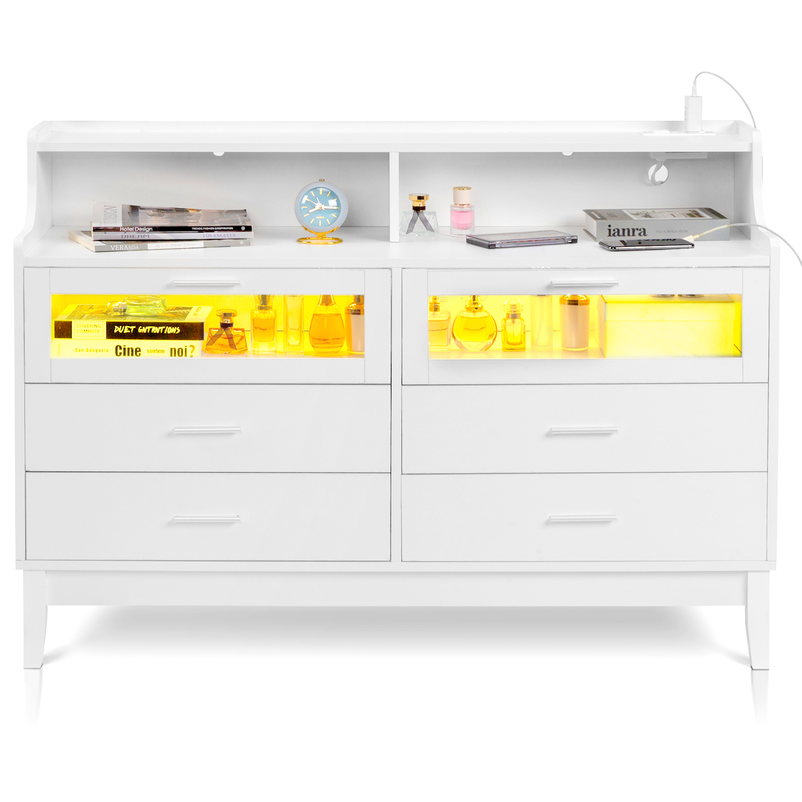 Wood 6 Drawers Dresser for Bedroom TV Stand with USB Power Outlets & LED Lights - Picture 13 of 15