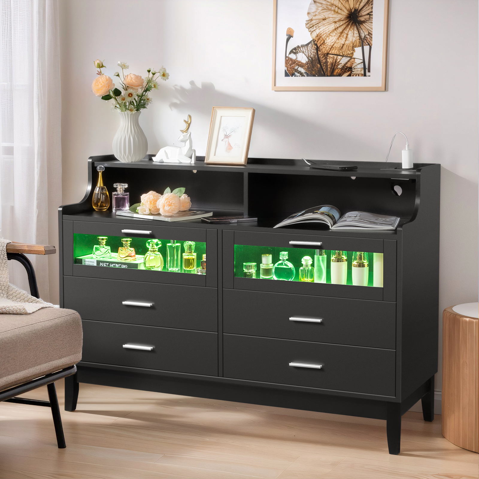 Wood 6 Drawers Dresser for Bedroom TV Stand with USB Power Outlets & LED Lights - Picture 14 of 15