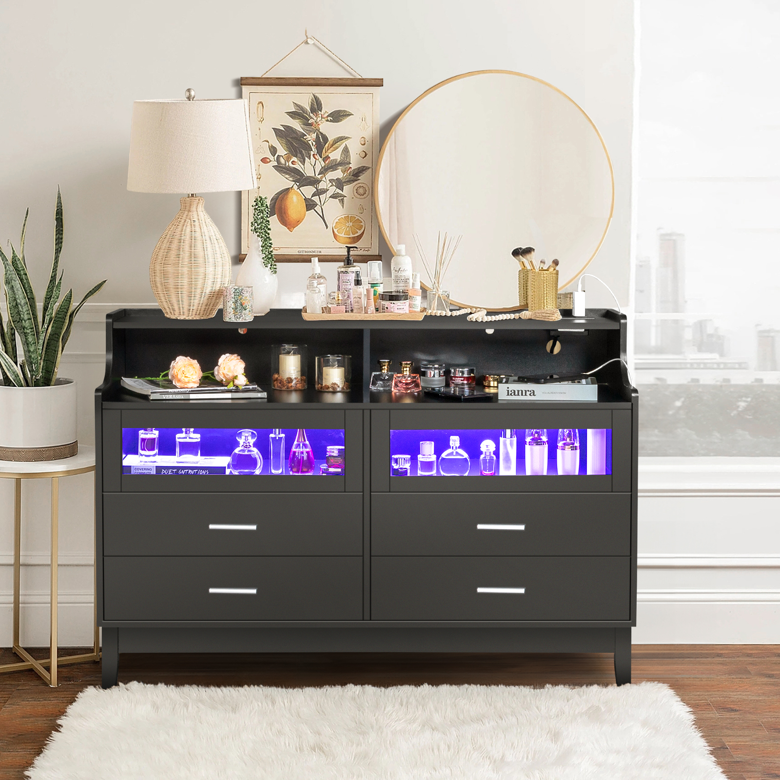 Wood 6 Drawers Dresser for Bedroom TV Stand with USB Power Outlets & LED Lights - Picture 15 of 15