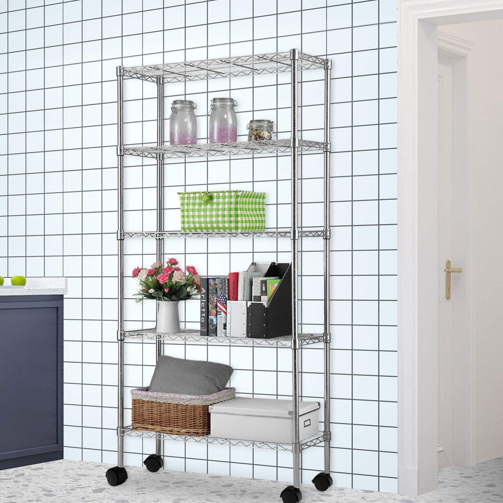 65" 5 Tier Layer Adjustable Wire Metal Shelving Shelf Rack Rolling Black/Chrome