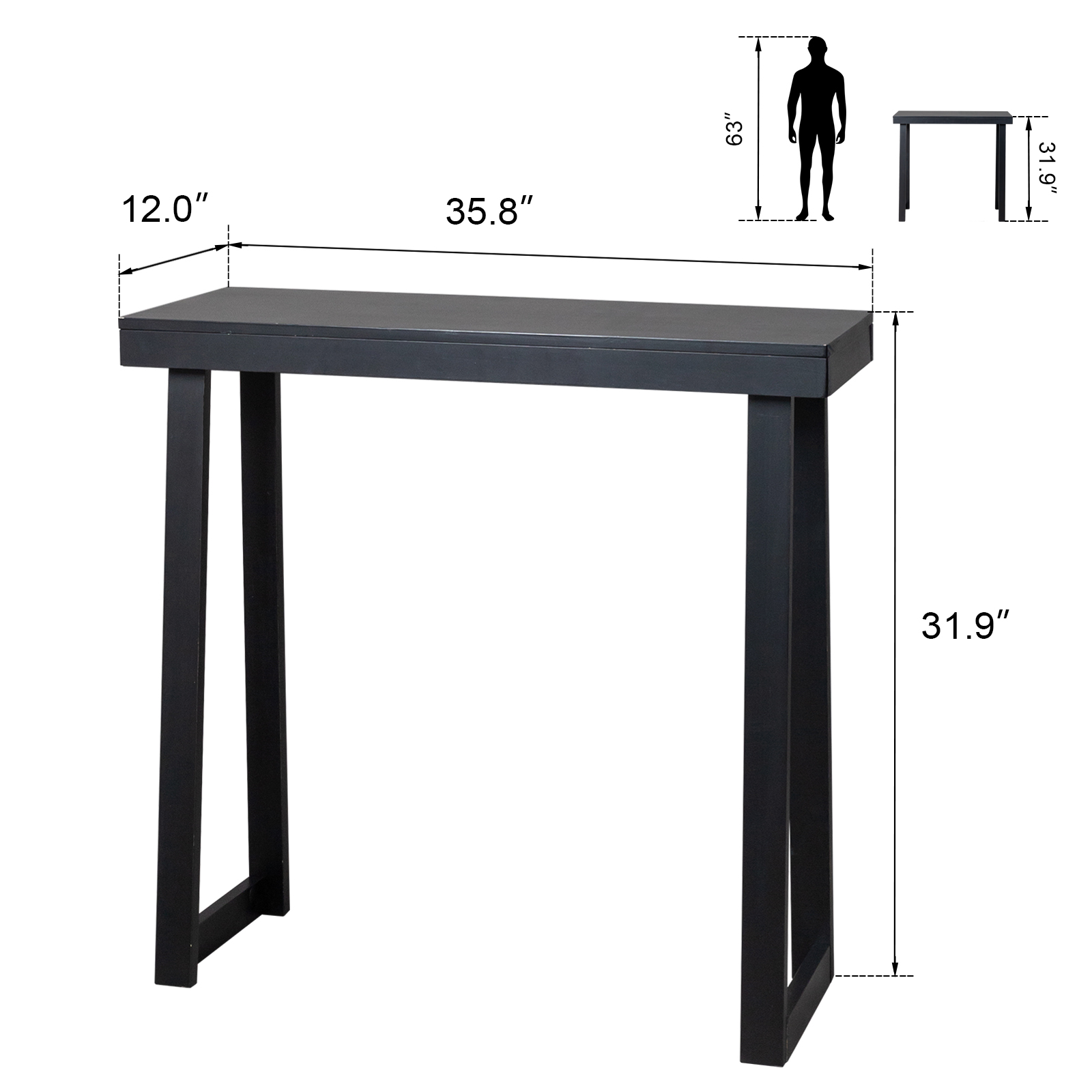 Solid Wood Console Table Storage Sofa Table with Shelf Narrow Entryway Black