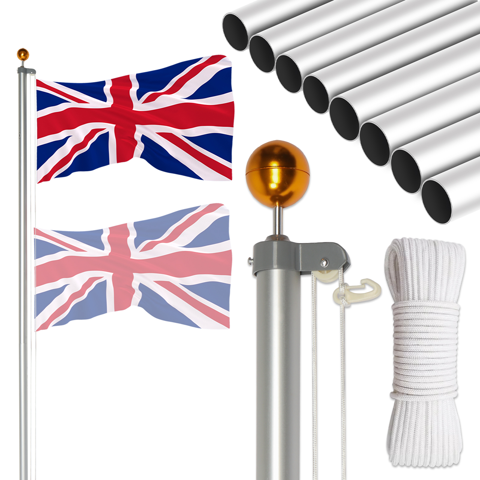 20/25/30FT Yard Telescopic Flagpole Aluminium Sectional Flag Pole Kit w/ UK Flag - Picture 42 of 52