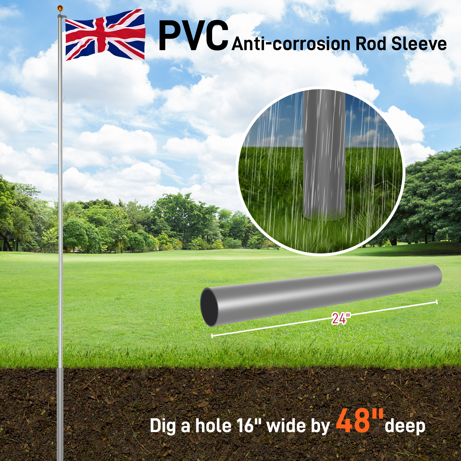 20/25/30FT Yard Telescopic Flagpole Aluminium Sectional Flag Pole Kit w/ UK Flag - Picture 39 of 52