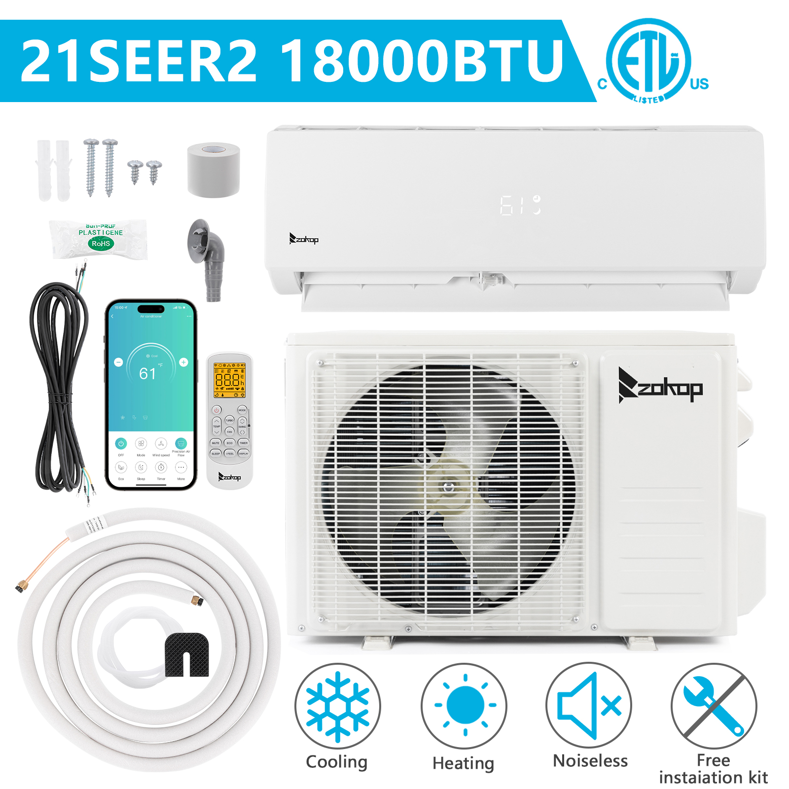 Zokop 9000 -24000 BTU Mini Split Air Conditioner Heat Pump with Remote WIFI - Picture 20 of 21