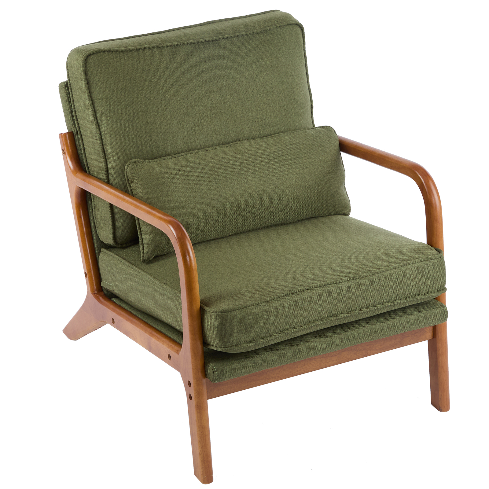 3 Colors Chenille Accent Chair W/ Lumbar Pillow Rattan Arms Oak Lounge Armrests - Picture 19 of 21
