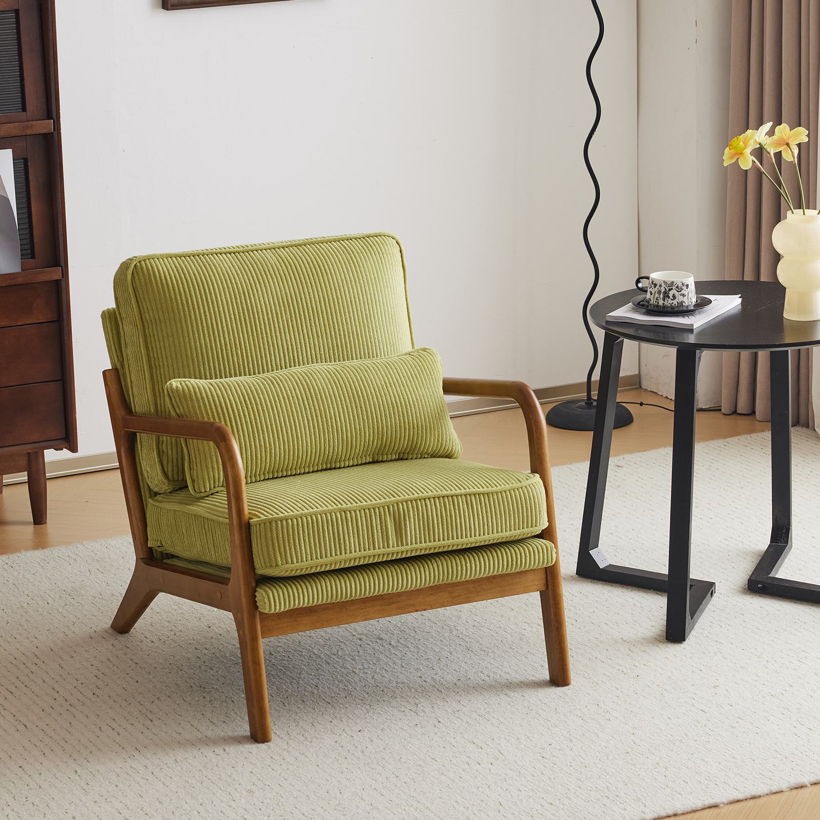 3 Colors Chenille Accent Chair W/ Lumbar Pillow Rattan Arms Oak Lounge Armrests - Picture 20 of 21