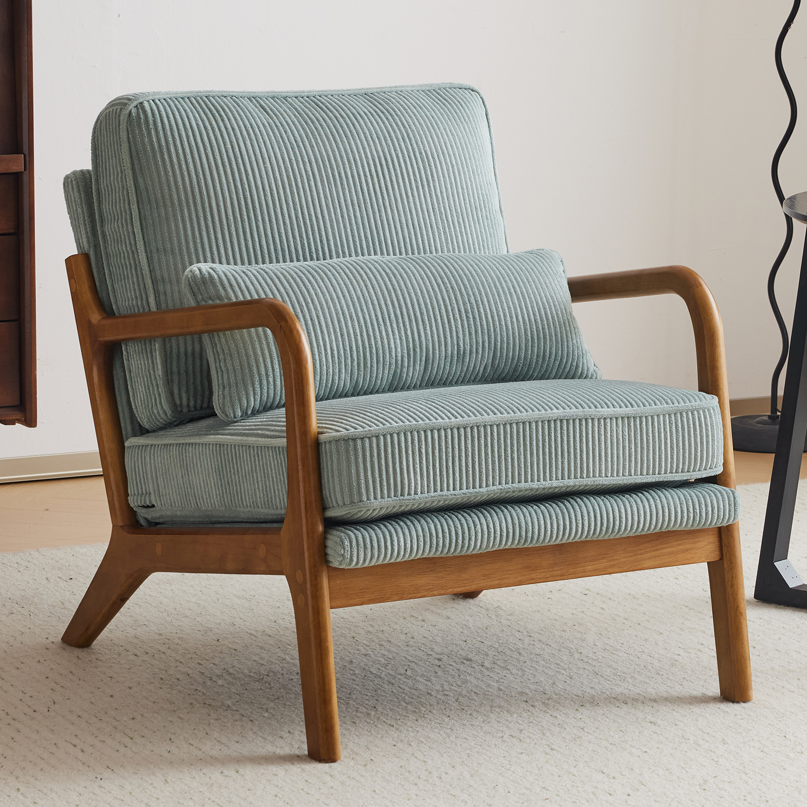 3 Colors Chenille Accent Chair W/ Lumbar Pillow Rattan Arms Oak Lounge Armrests - Picture 21 of 21