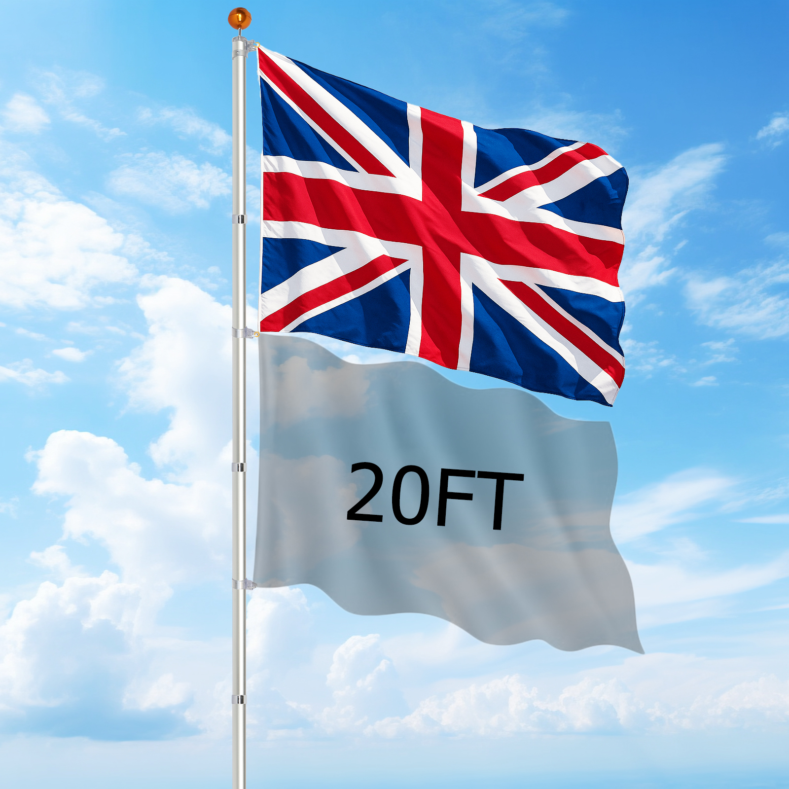 20/25/30FT Yard Telescopic Flagpole Aluminium Sectional Flag Pole Kit w/ UK Flag - Picture 46 of 52