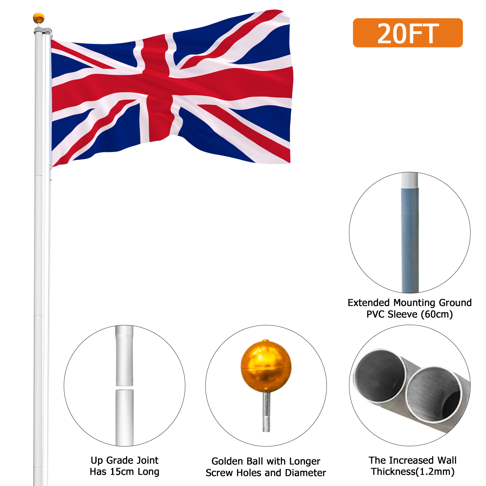 Aluminum Flagpole Floor Mounted Mount Telescopic Flag Pole W/Top Ball & Base Kit - Picture 4 of 45