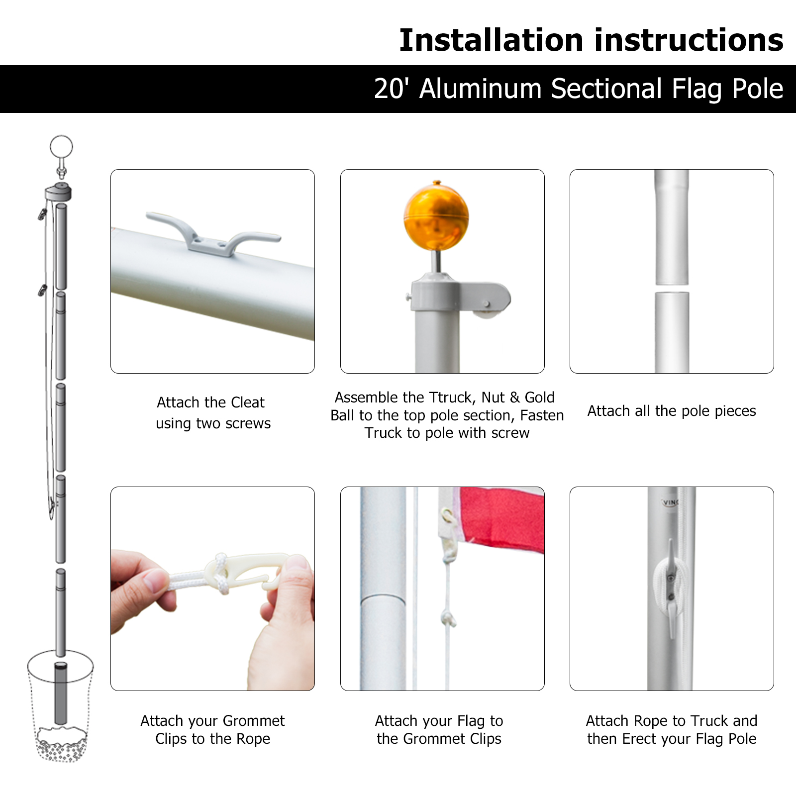 Aluminum Flagpole Floor Mounted Mount Telescopic Flag Pole W/Top Ball & Base Kit - Picture 9 of 45