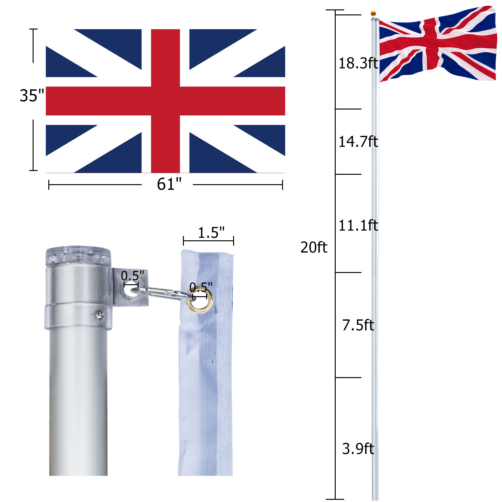 Aluminum Flagpole Floor Mounted Mount Telescopic Flag Pole W/Top Ball & Base Kit - Picture 6 of 45