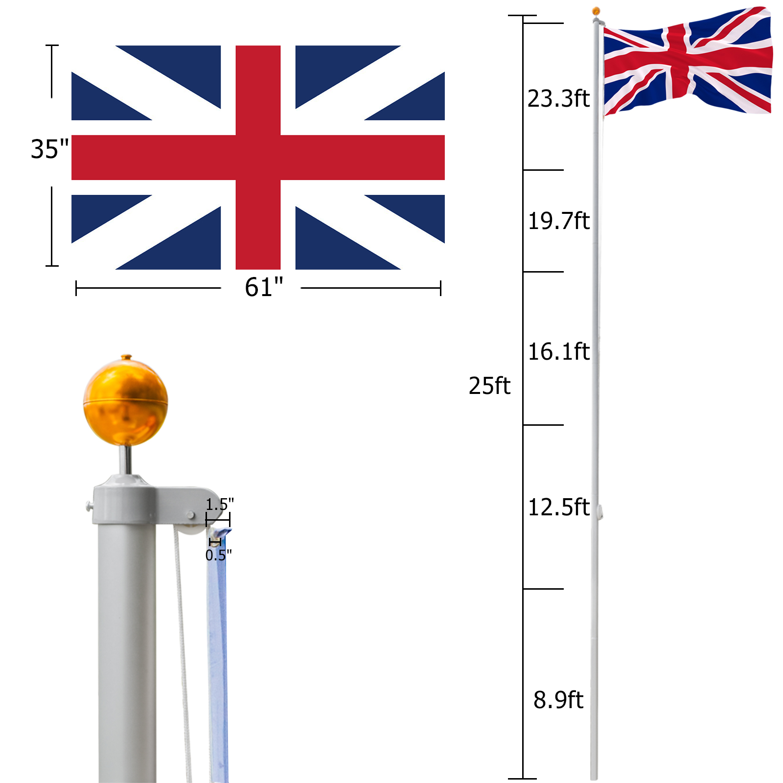 Aluminum Flagpole Floor Mounted Mount Telescopic Flag Pole W/Top Ball & Base Kit - Picture 13 of 45