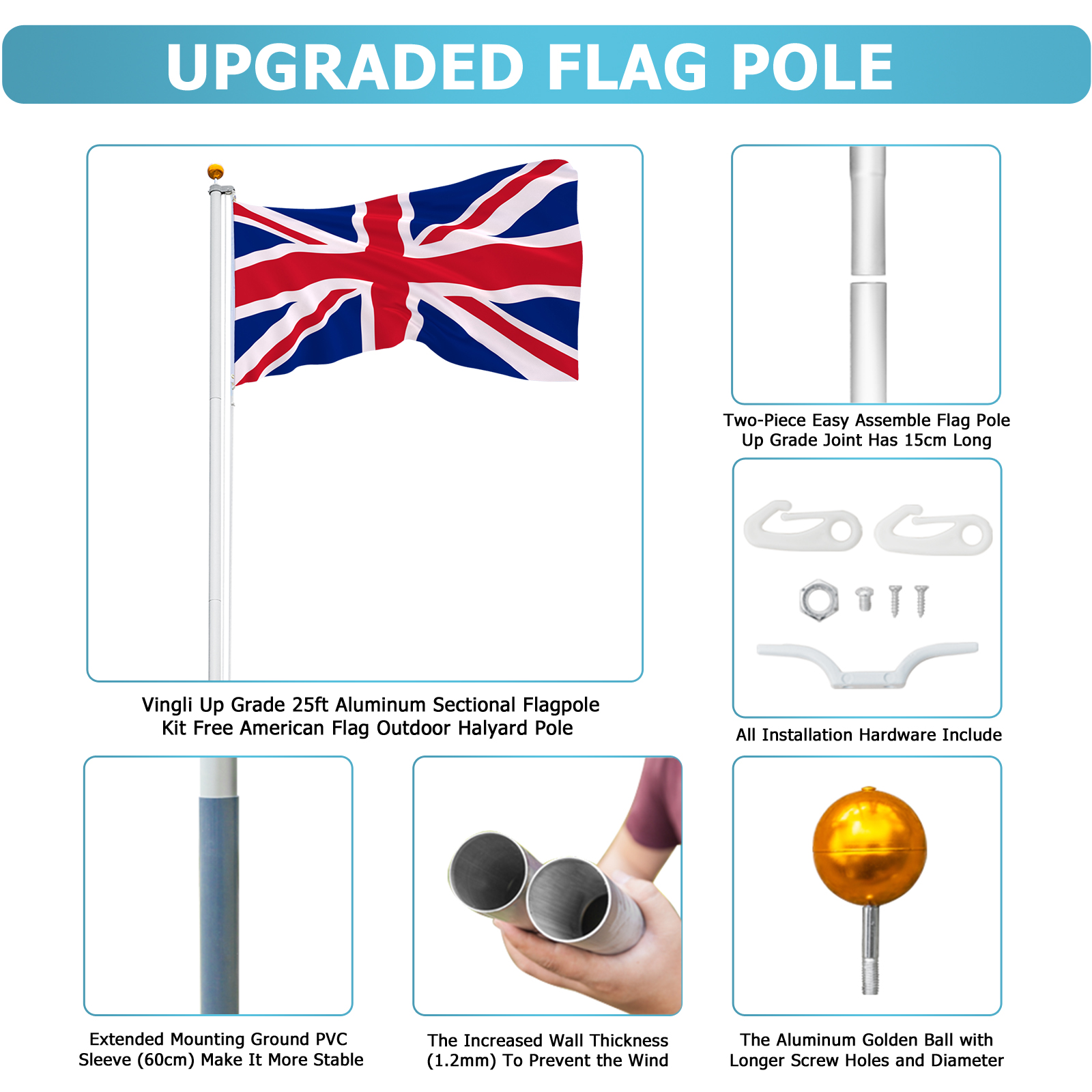 Aluminum Flagpole Floor Mounted Mount Telescopic Flag Pole W/Top Ball & Base Kit - Picture 14 of 45