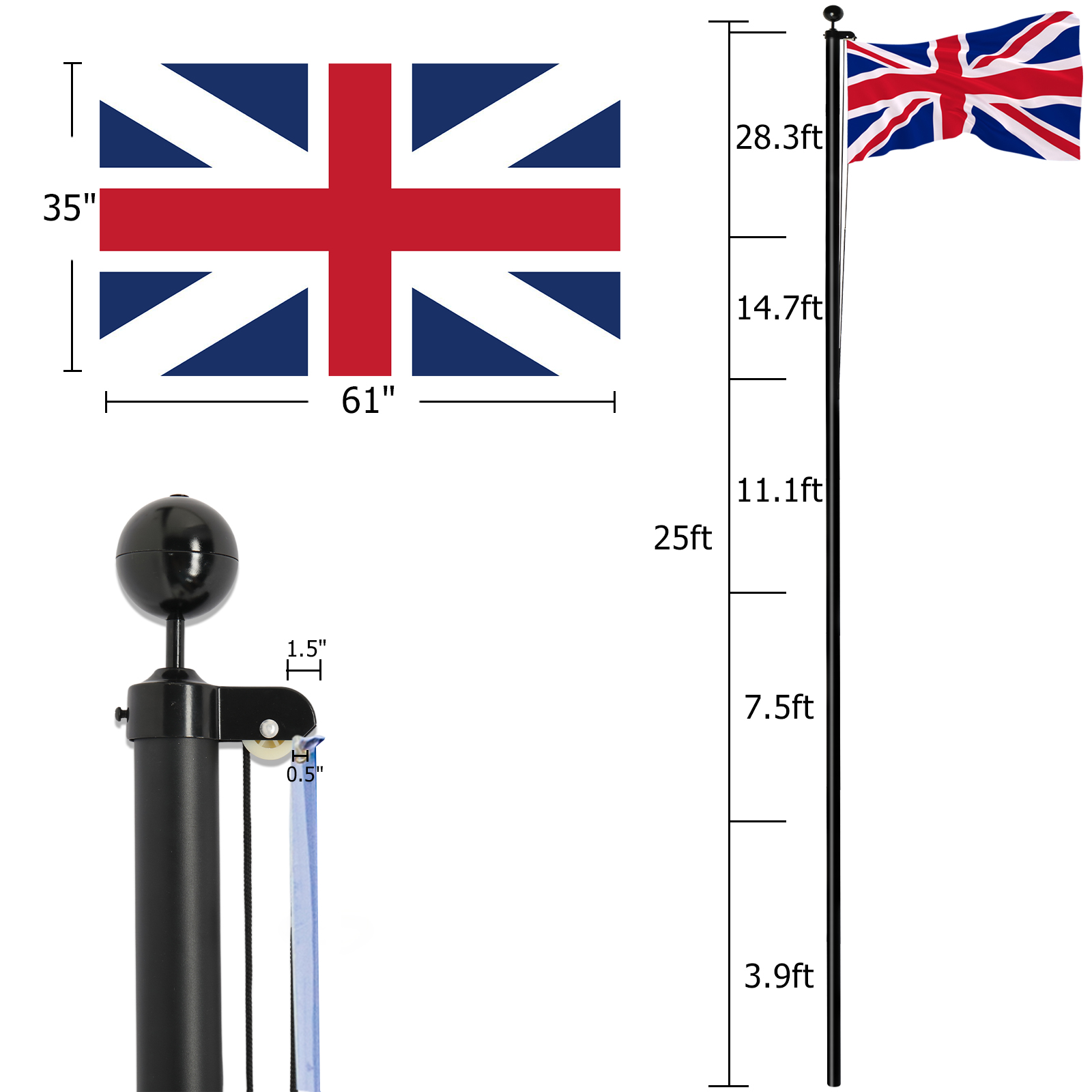 Aluminum Flagpole Floor Mounted Mount Telescopic Flag Pole W/Top Ball & Base Kit - Picture 21 of 45