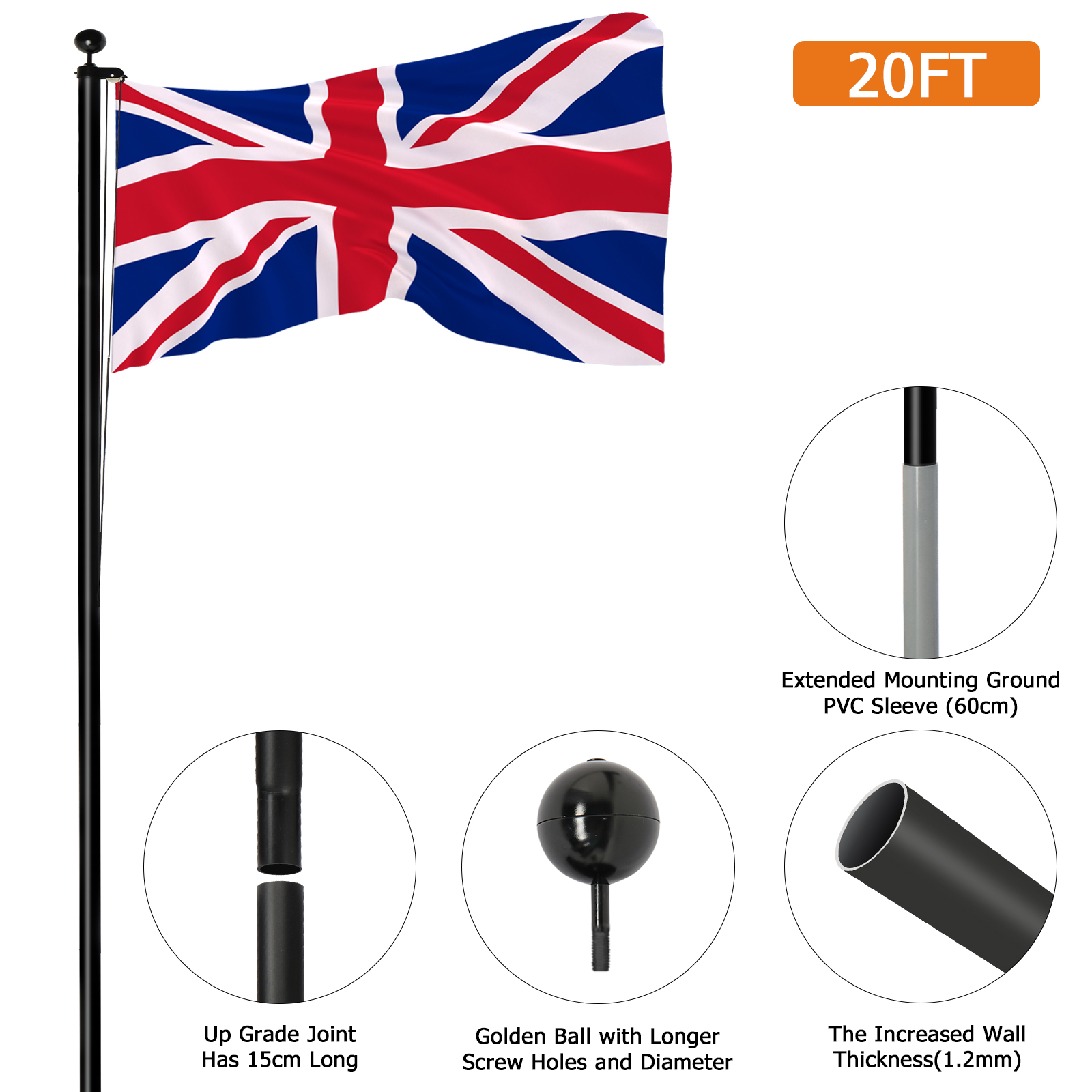 Aluminum Flagpole Floor Mounted Mount Telescopic Flag Pole W/Top Ball & Base Kit - Picture 18 of 45