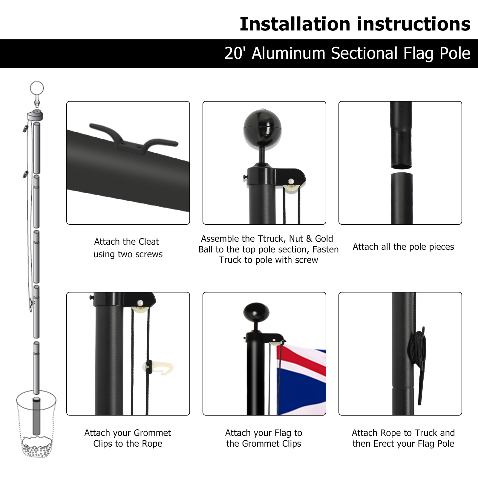 Aluminum Flagpole Floor Mounted Mount Telescopic Flag Pole W/Top Ball & Base Kit - Picture 23 of 45