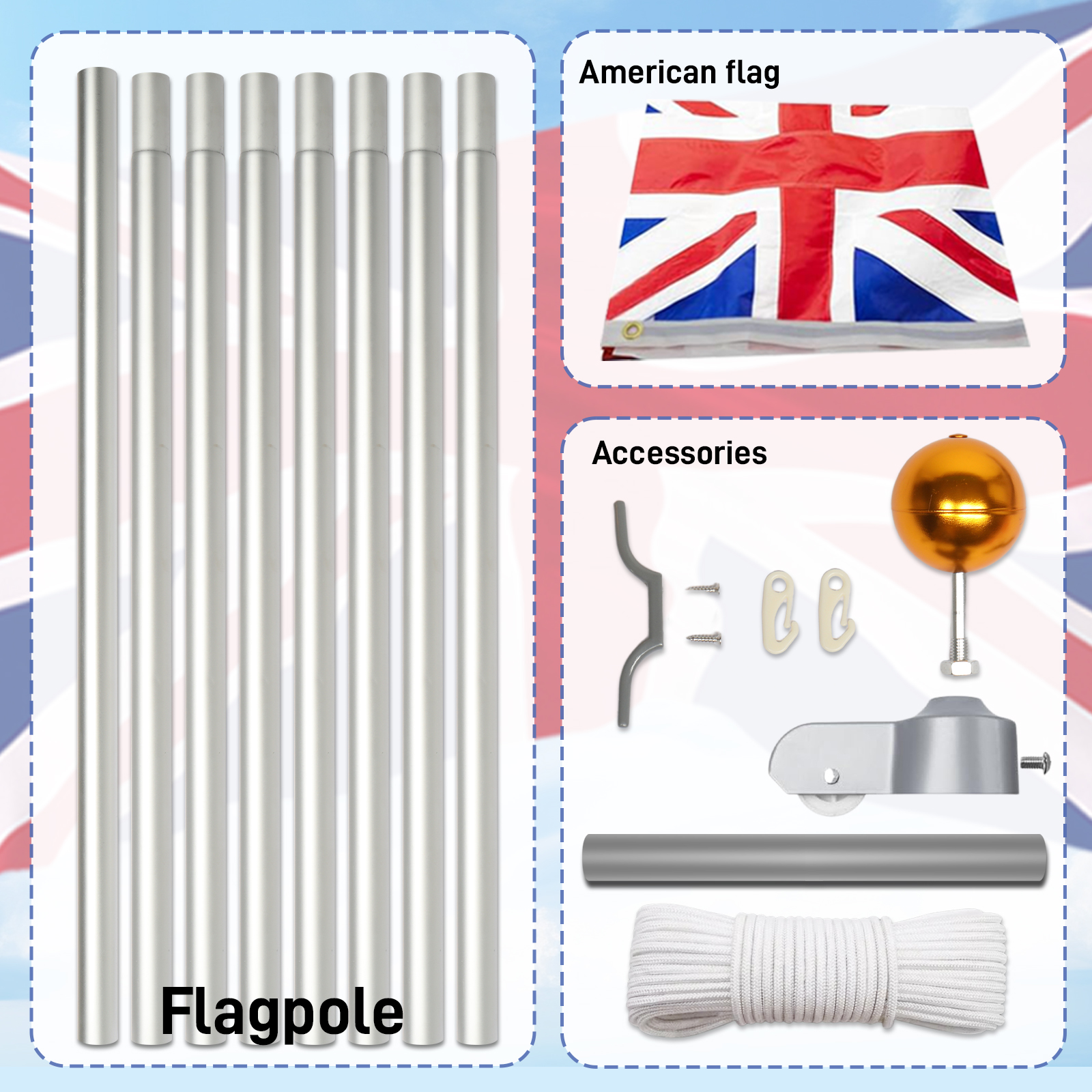 New 20/25/30FT Detachable/Telescopic British Flagpole Kit Heavy Duty Aluminum UK - Picture 41 of 47