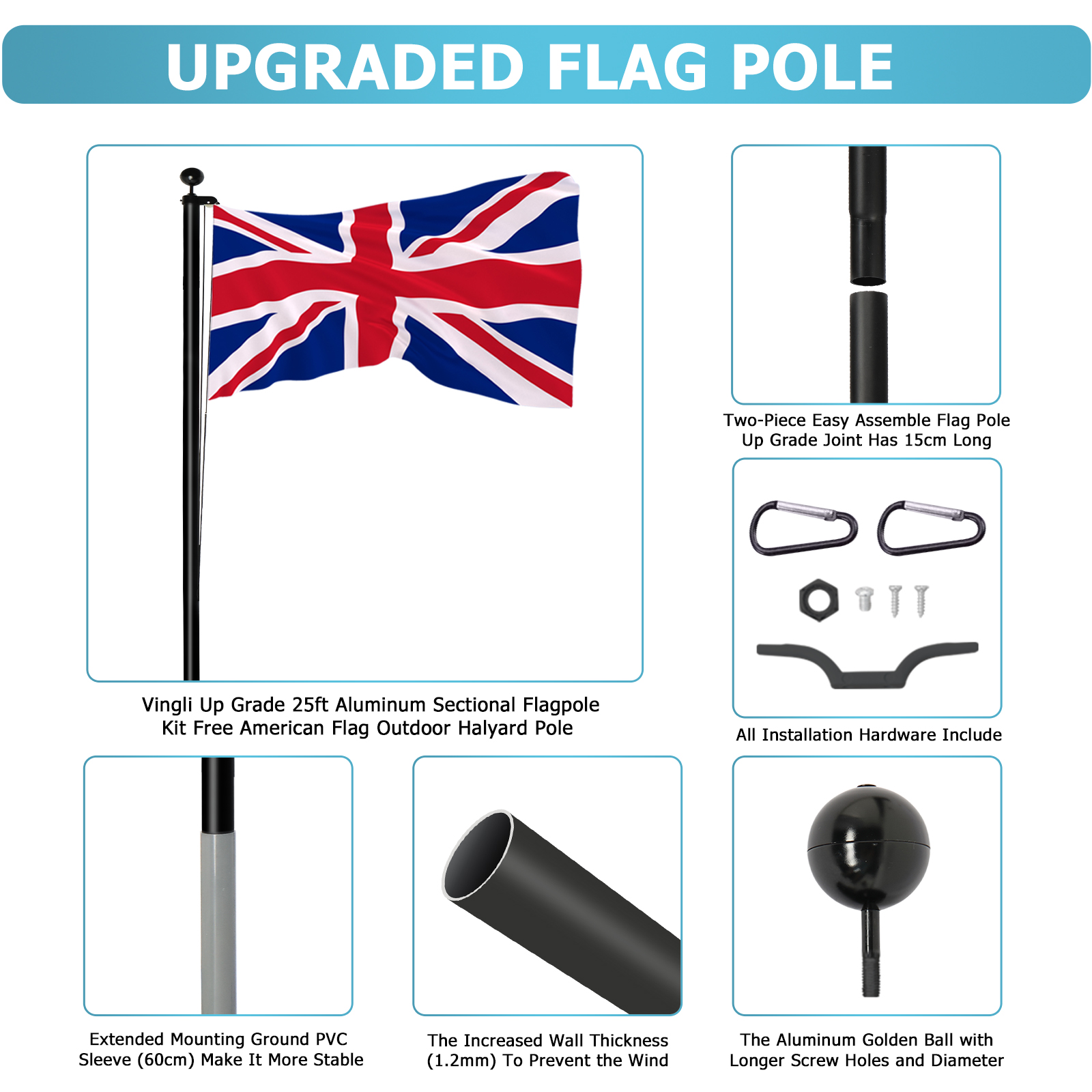 Aluminum Flagpole Floor Mounted Mount Telescopic Flag Pole W/Top Ball & Base Kit - Picture 29 of 45