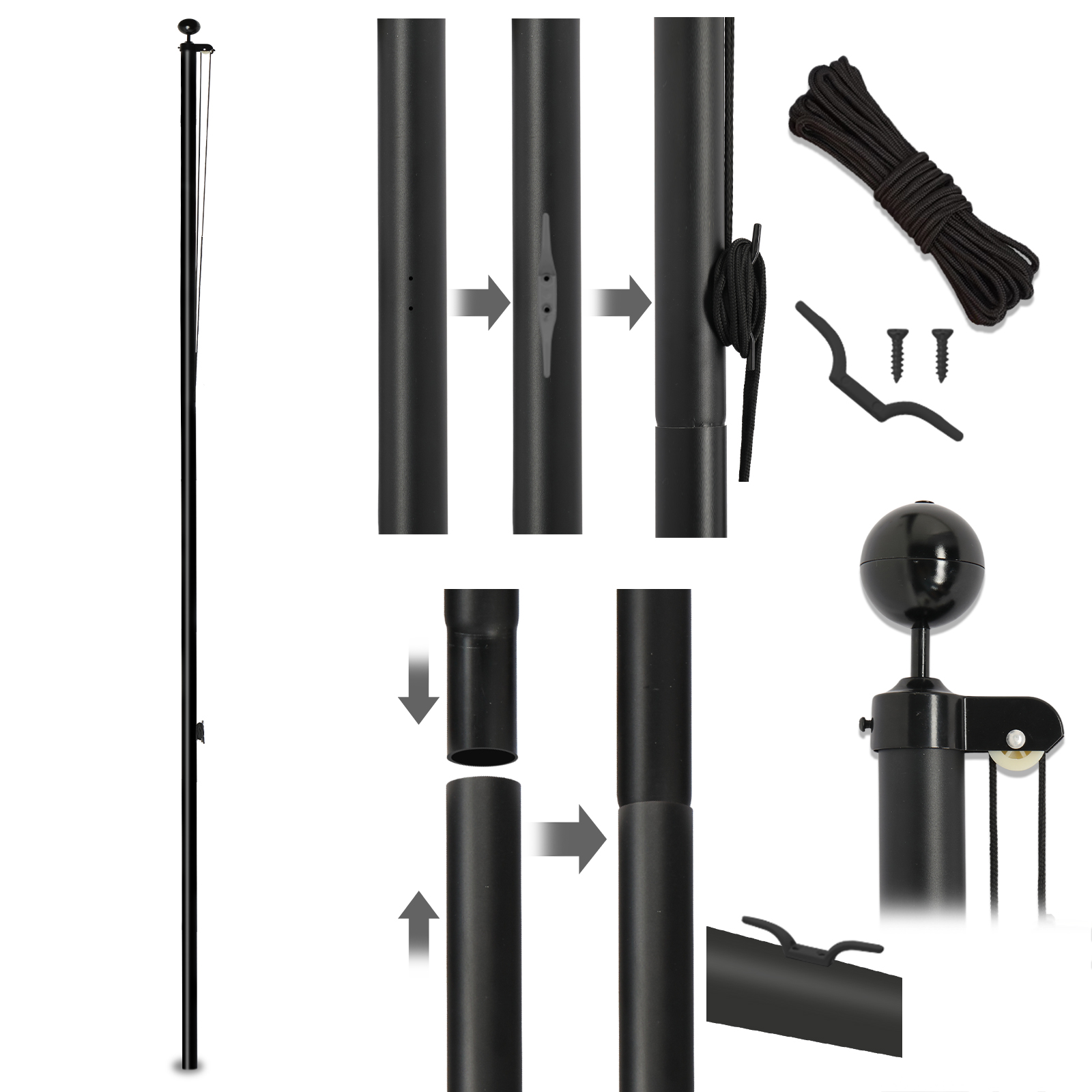 Aluminum Flagpole Floor Mounted Mount Telescopic Flag Pole W/Top Ball & Base Kit - Picture 32 of 45