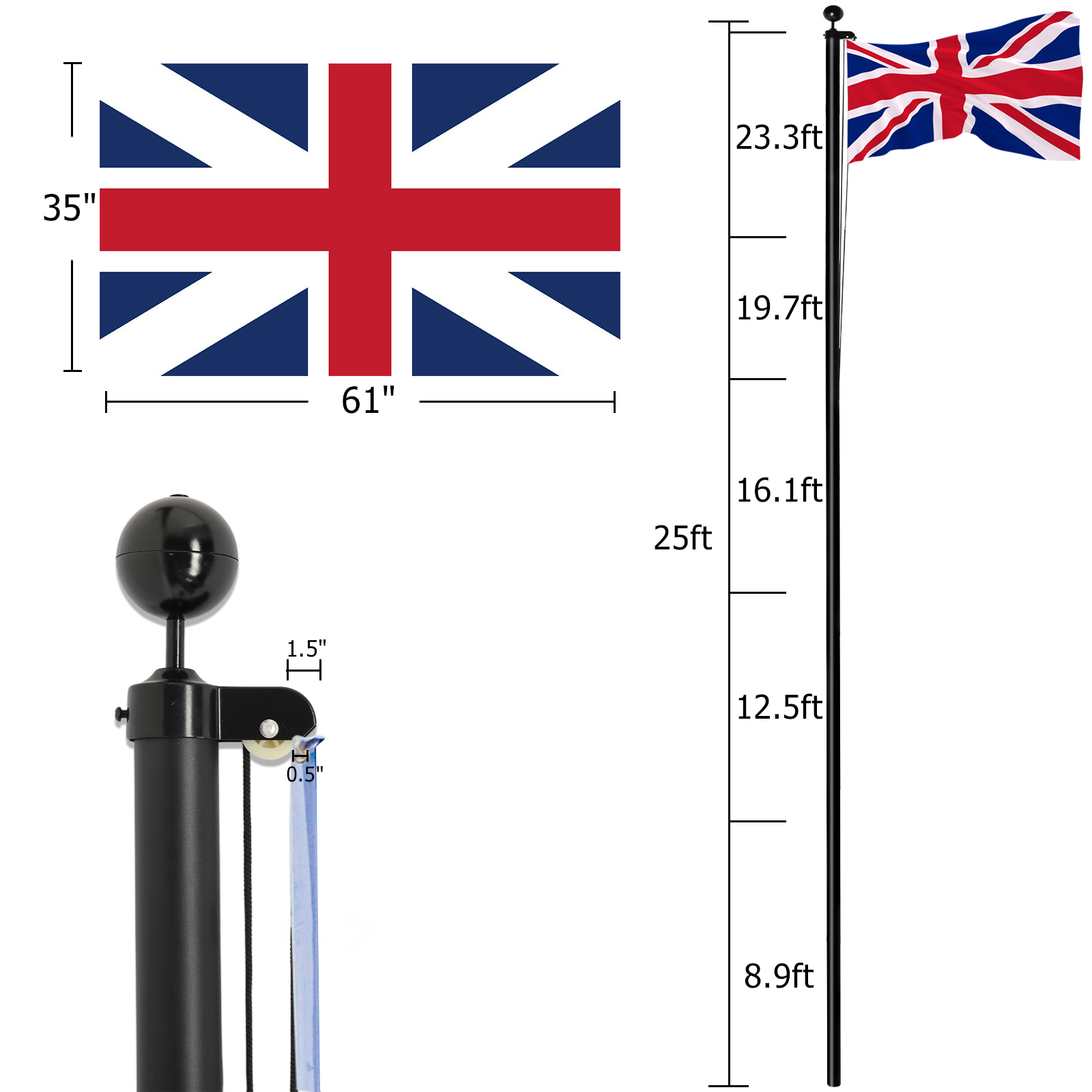 Aluminum Flagpole Floor Mounted Mount Telescopic Flag Pole W/Top Ball & Base Kit - Picture 28 of 45
