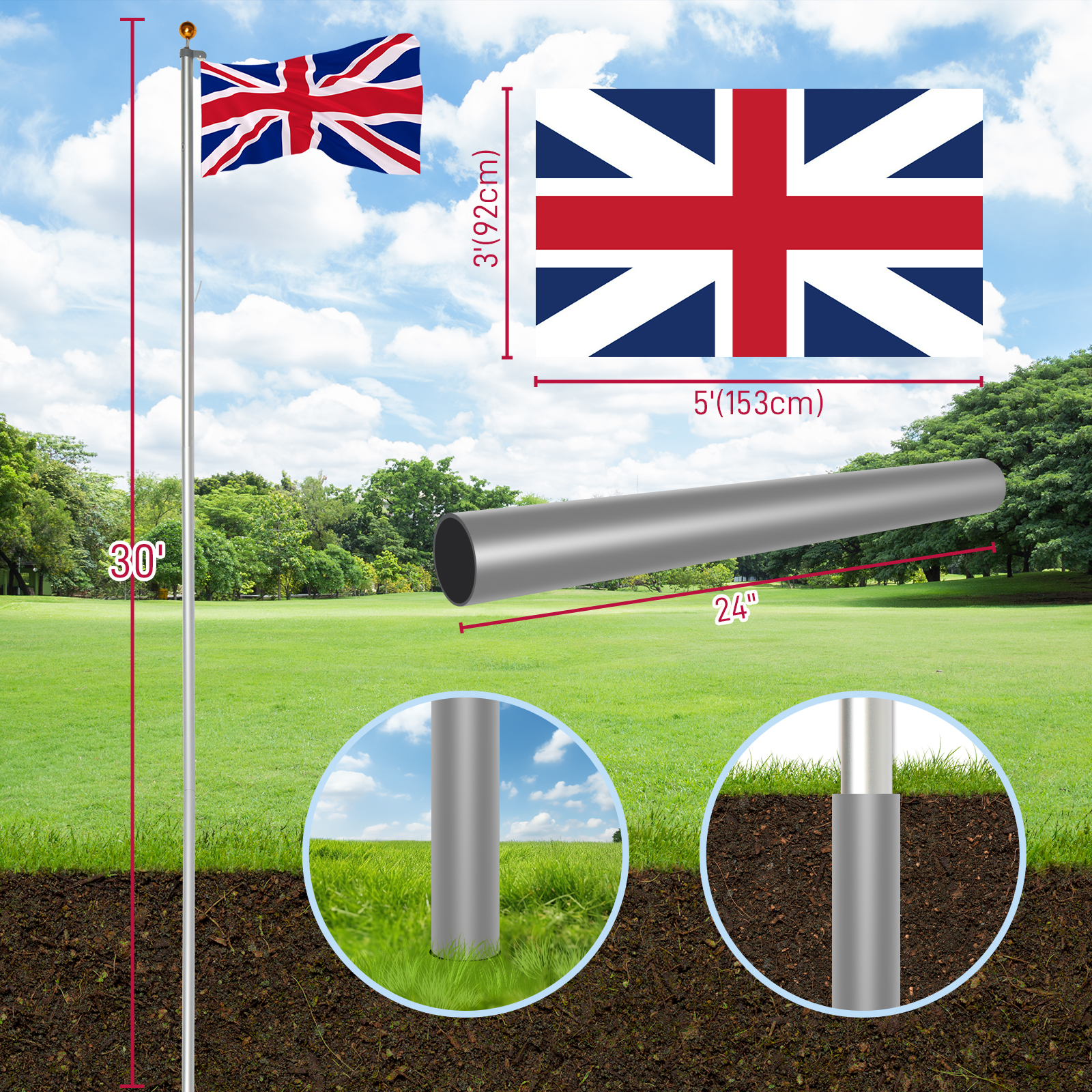 Aluminum Flagpole Floor Mounted Mount Telescopic Flag Pole W/Top Ball & Base Kit - Picture 36 of 45