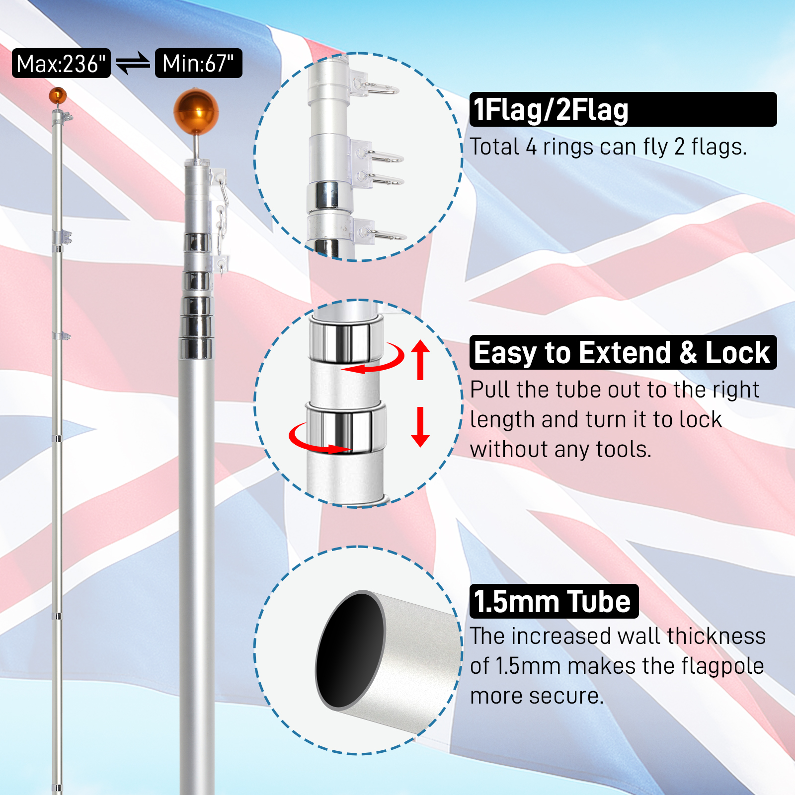 Aluminum Flagpole Floor Mounted Mount Telescopic Flag Pole W/Top Ball & Base Kit - Picture 43 of 45
