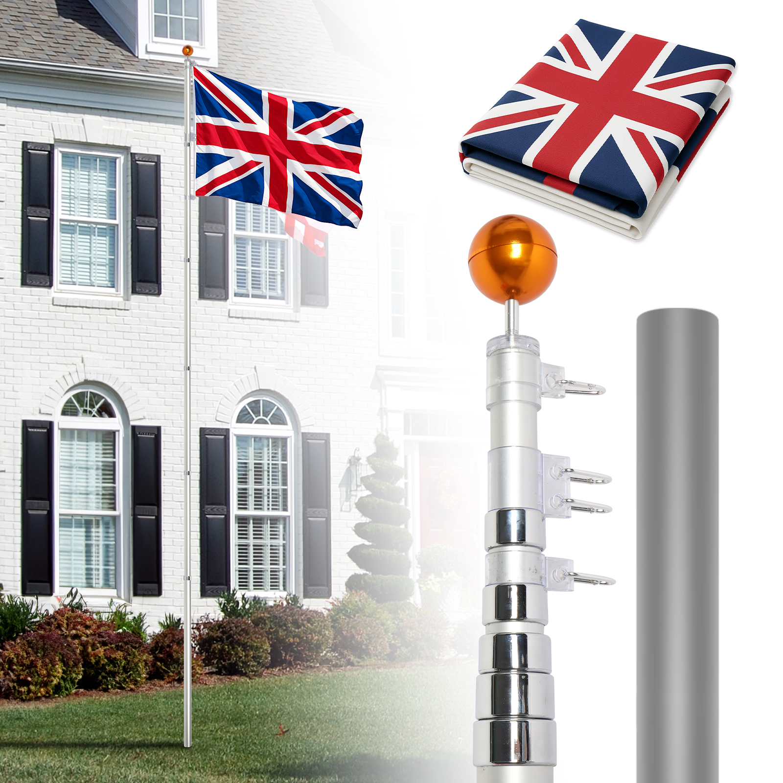 Aluminum Flagpole Floor Mounted Mount Telescopic Flag Pole W/Top Ball & Base Kit - Picture 40 of 45