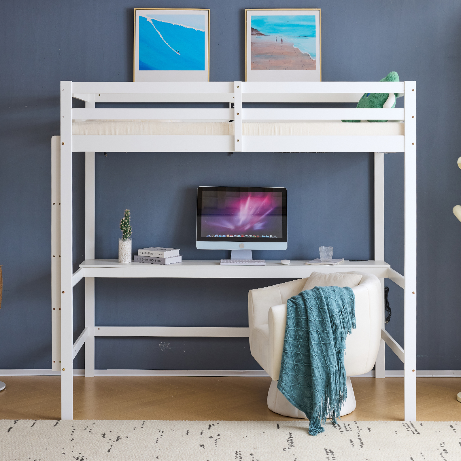 Wood Loft Bed Twin Size with RGB LED 2 Charging Station for Adults Kids Teens