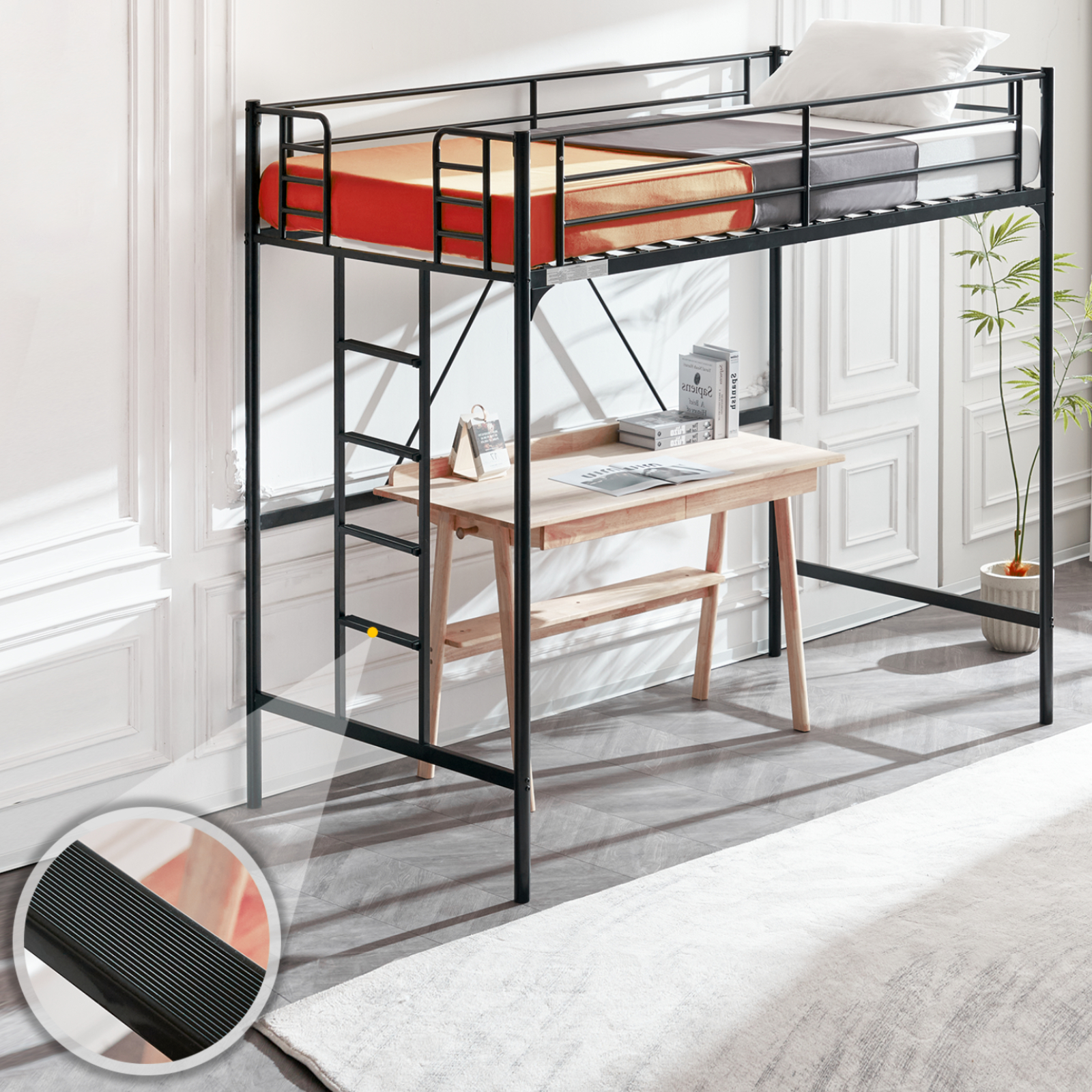 Loft Bed Twin Size with Flat Ladder Rung for Kids Teens Adults Heavy Duty Metal
