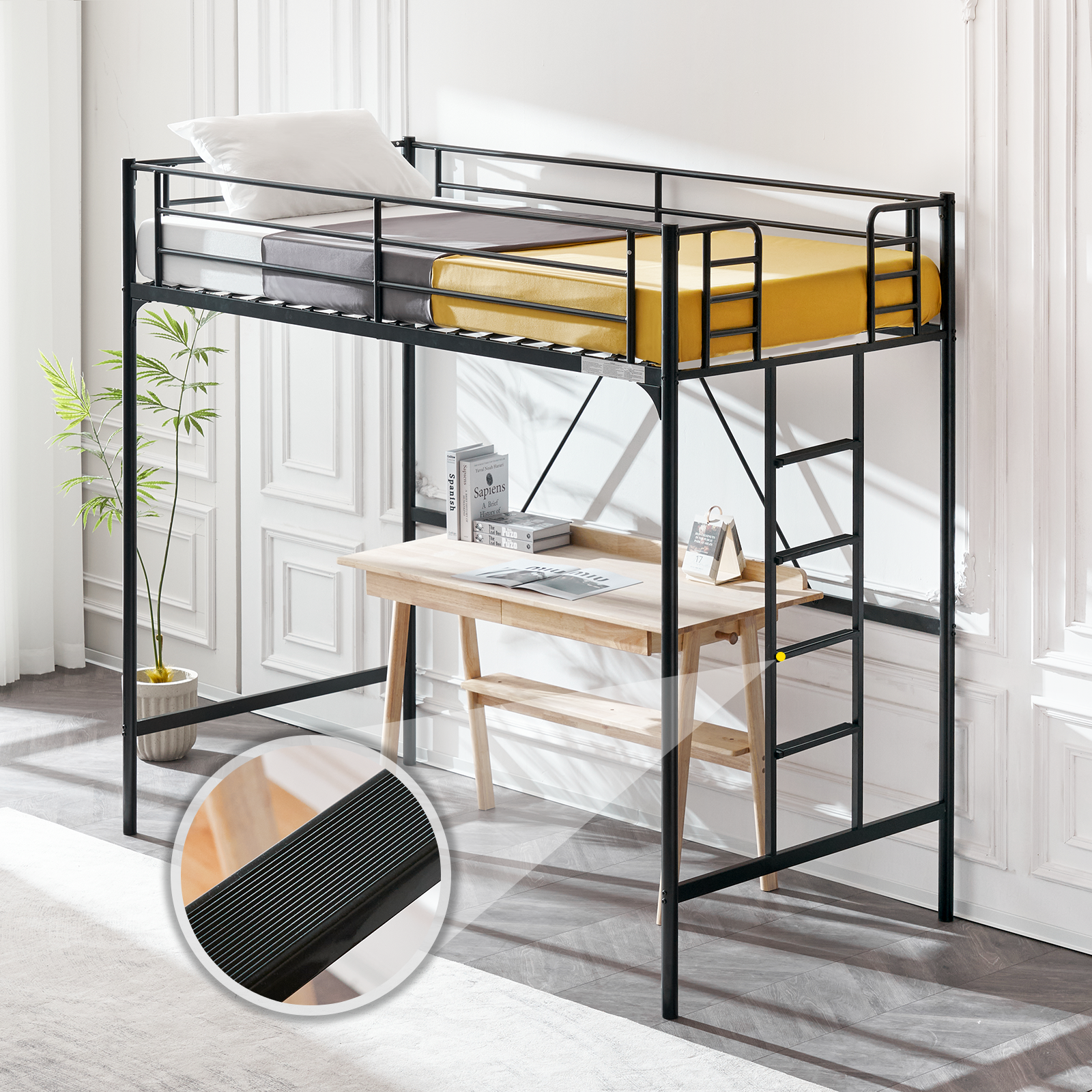 Loft Bed Twin Loft Bunk Bed Frame with Stairs Flat Ladder Rung for Kids Adults - Picture 20 of 22