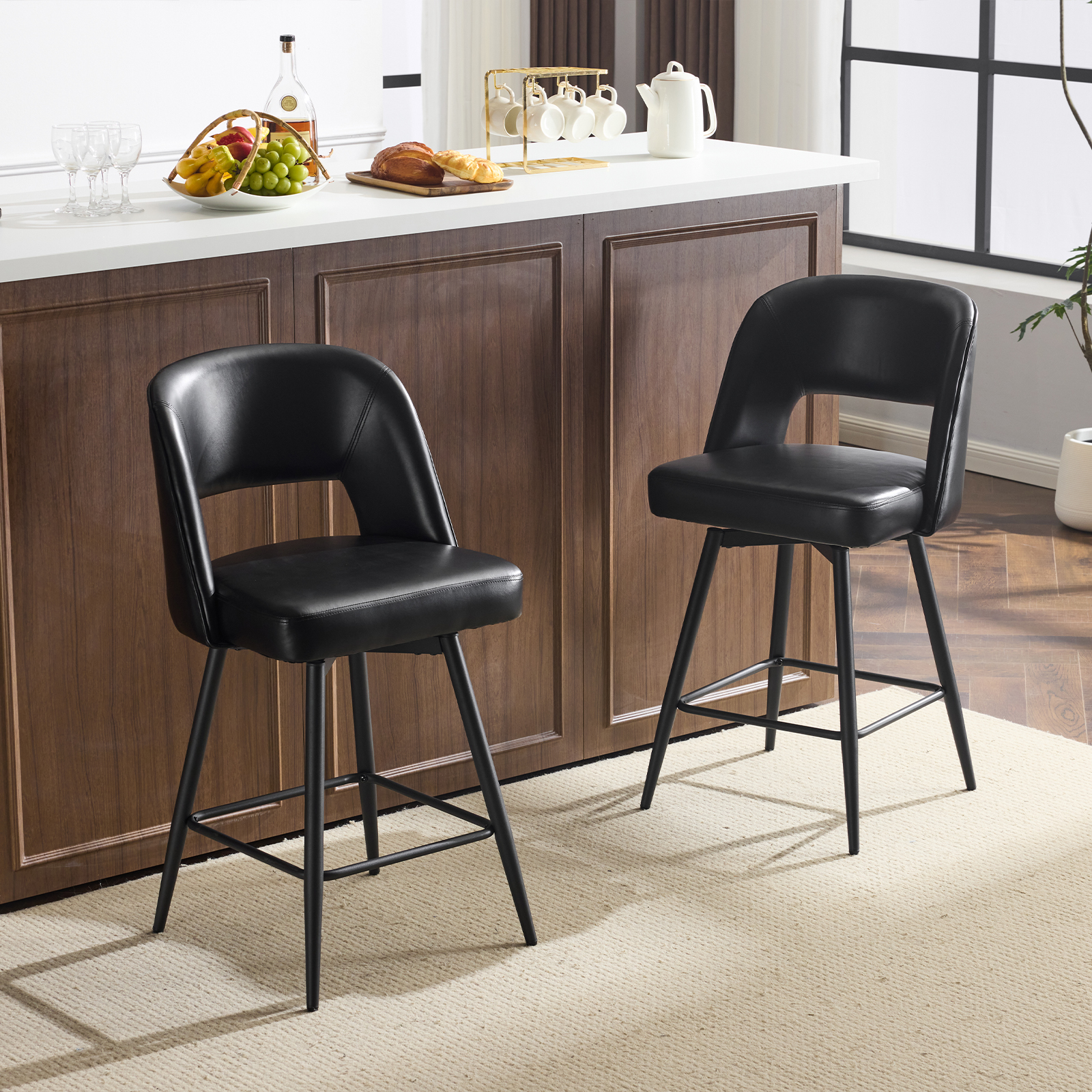 Counter Height Bar Stools with Back Ergonomic Backrest Metal Legs Faux Leather