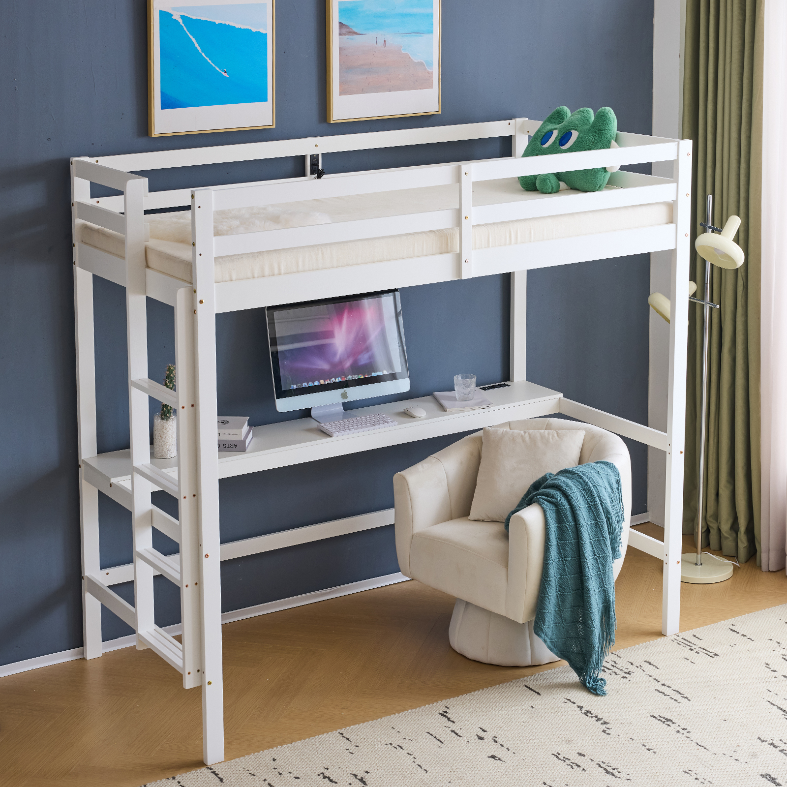 Solid Wood Loft Bed Frame w/Safety Guardrails & Ladder for Kids/Teens/Adults
