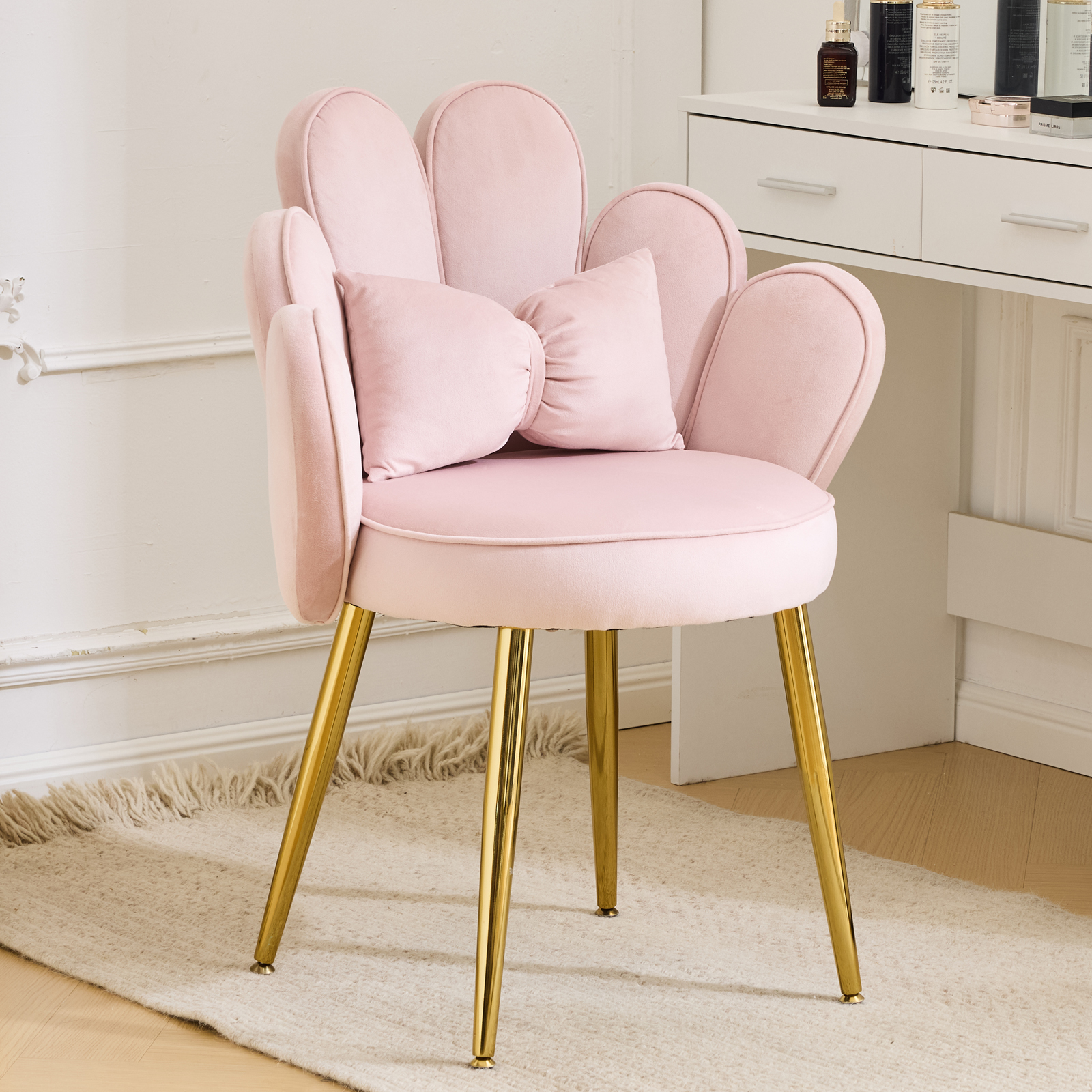 Modern Dining Chair Small Accent Chair with Adustable Gold Legs&Bow Pillow - Picture 12 of 17