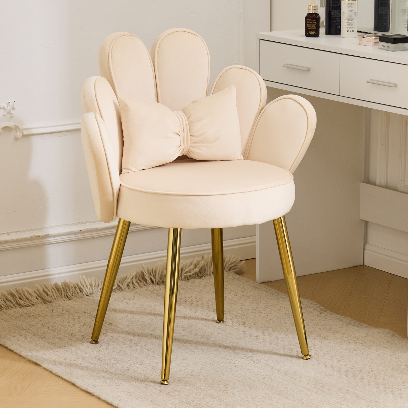 Modern Dining Chair Small Accent Chair with Adustable Gold Legs&Bow Pillow - Picture 14 of 17