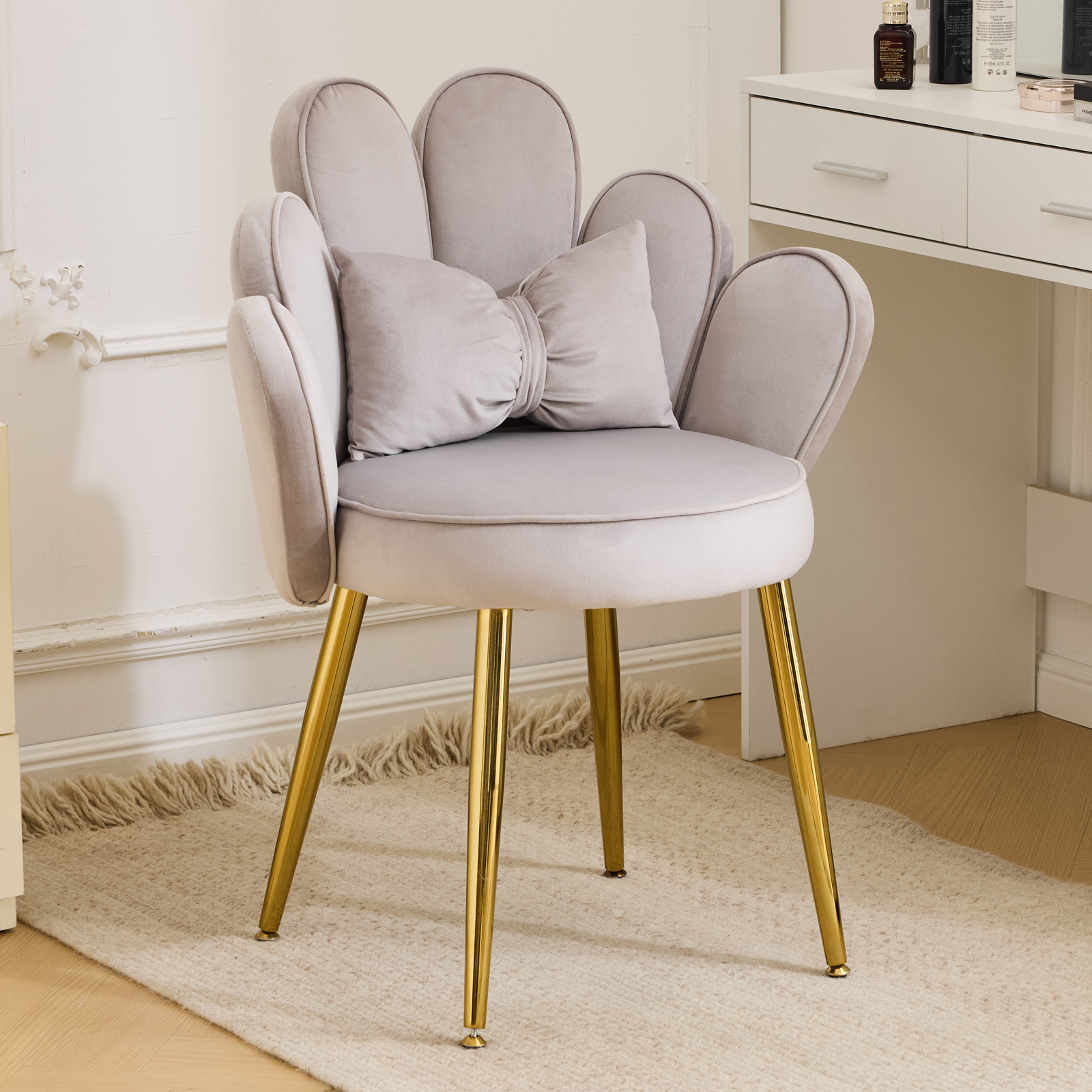 Modern Dining Chair Small Accent Chair with Adustable Gold Legs&Bow Pillow - Picture 15 of 17