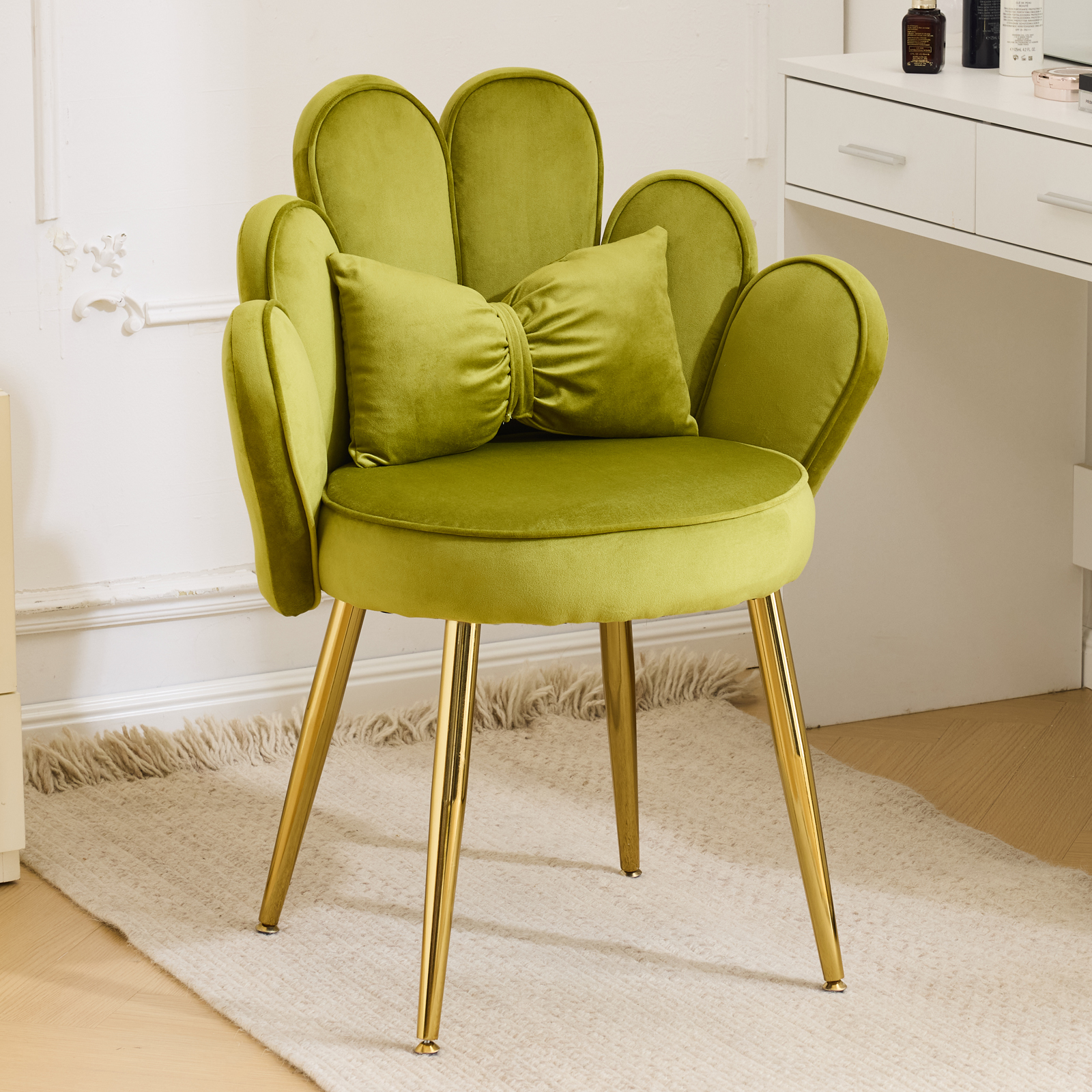 Modern Dining Chair Small Accent Chair with Adustable Gold Legs&Bow Pillow - Picture 16 of 17