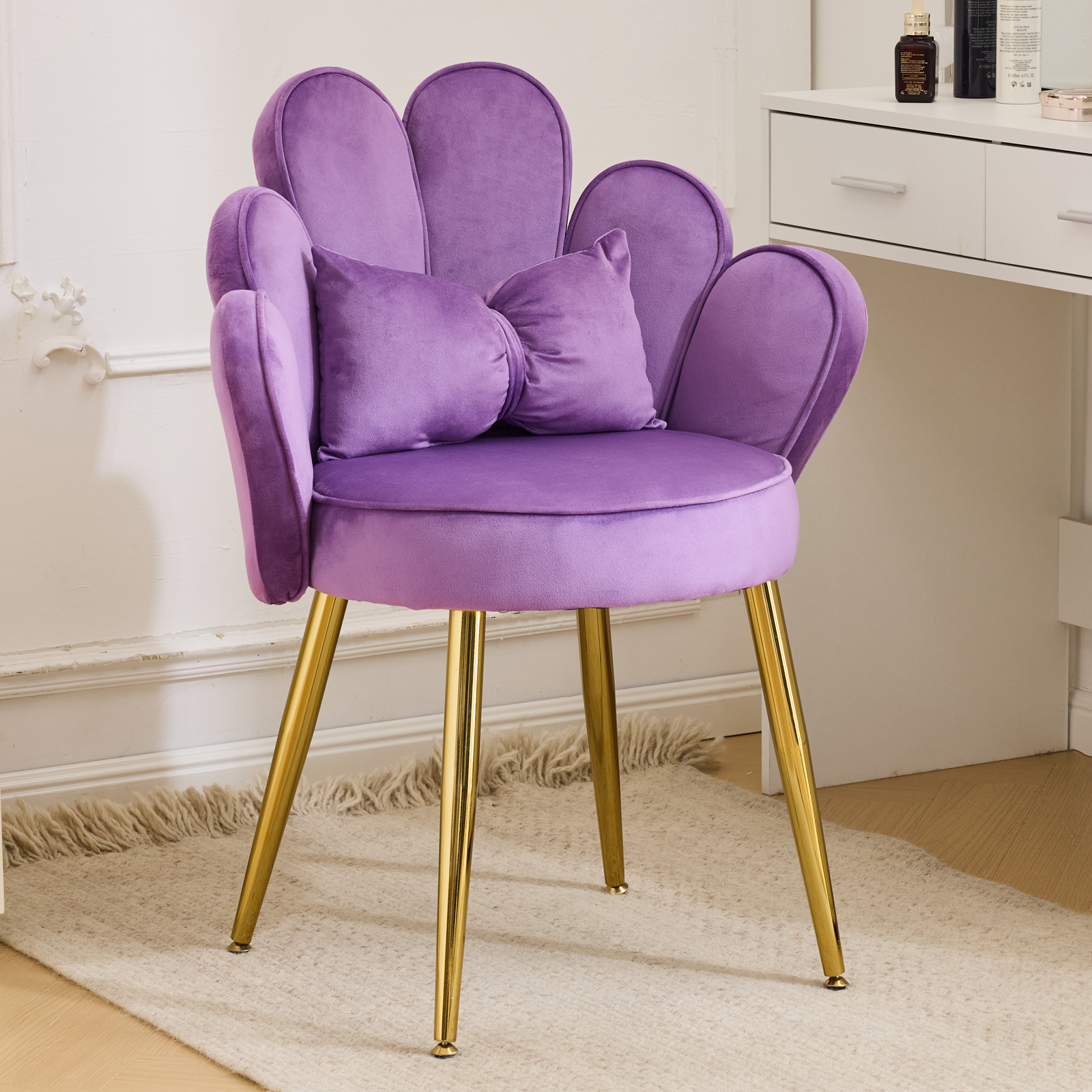 Modern Dining Chair Small Accent Chair with Adustable Gold Legs&Bow Pillow - Picture 17 of 17