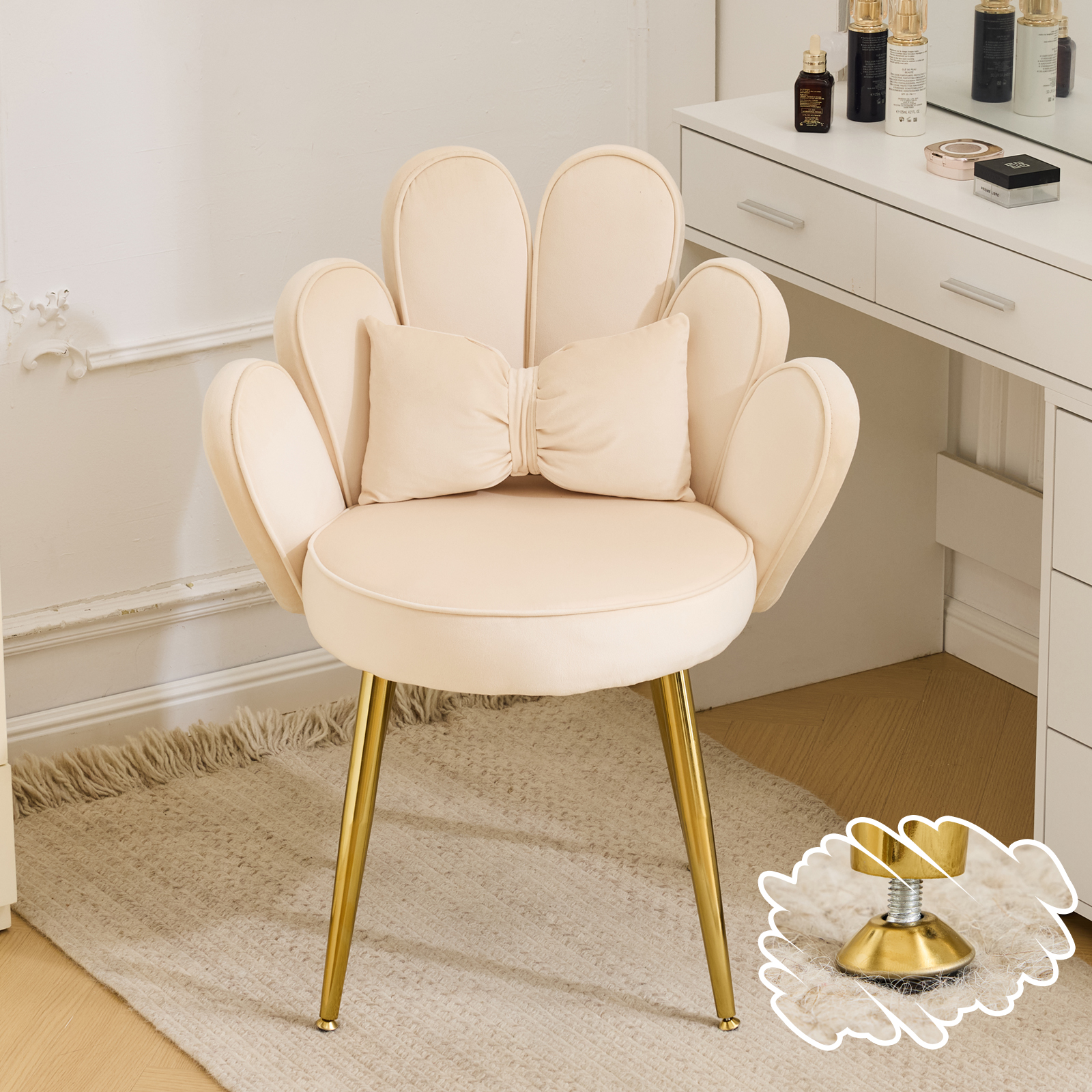 Flower Cute Girls Desk Chair Comfy No Wheels Adustable Gold Legs&Bow Pillow