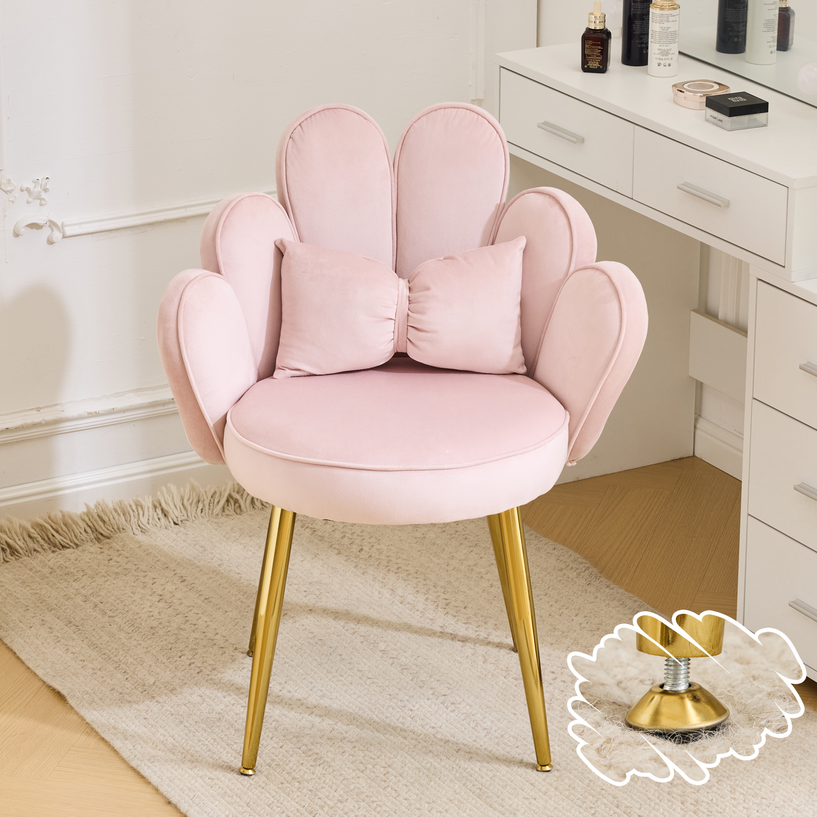 Flower Cute Girls Desk Chair Comfy No Wheels Adustable Gold Legs&Bow Pillow