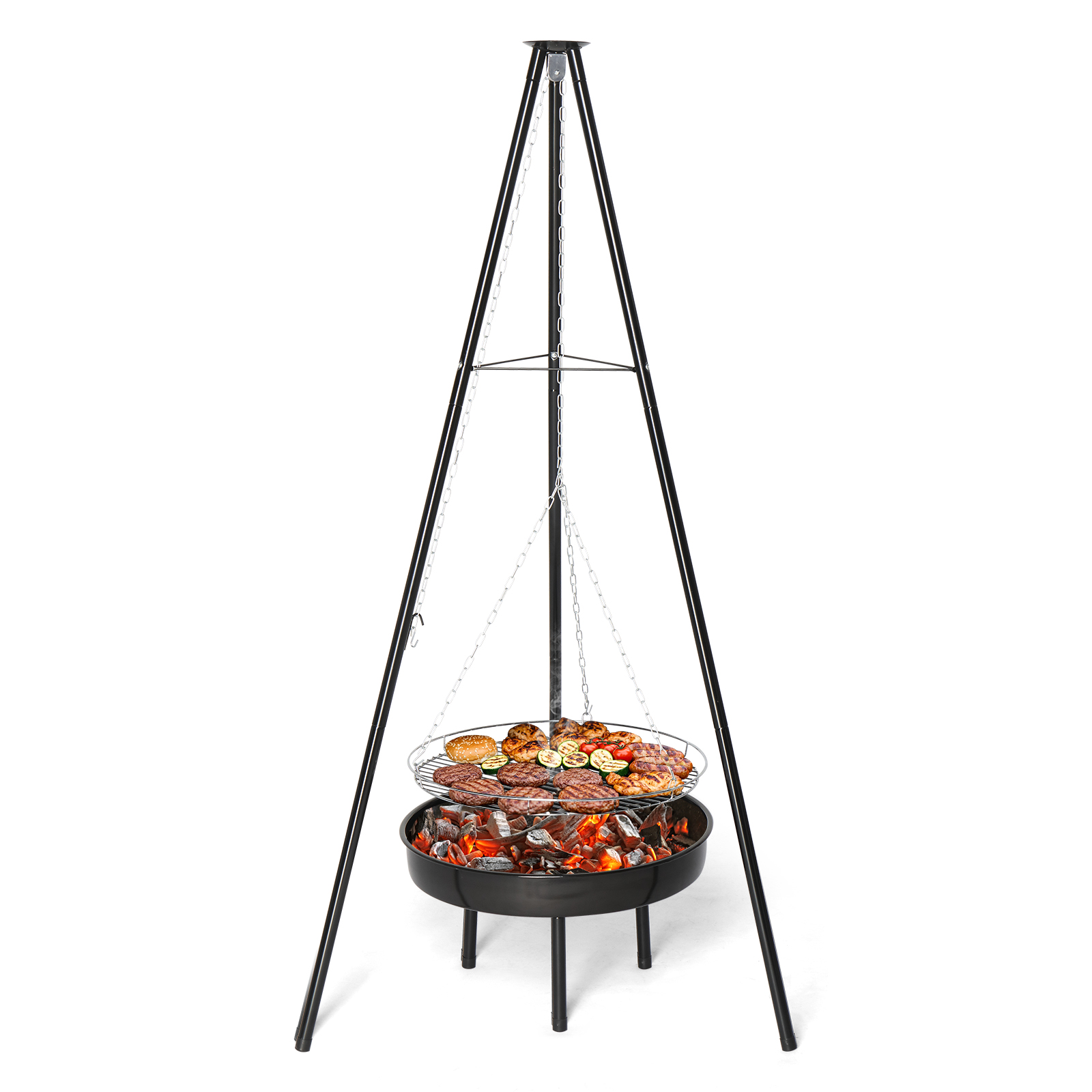Outdoor 61" Large Campfire Tripod Grill with Adjustable Height BBQ Grate &amp; Bowl