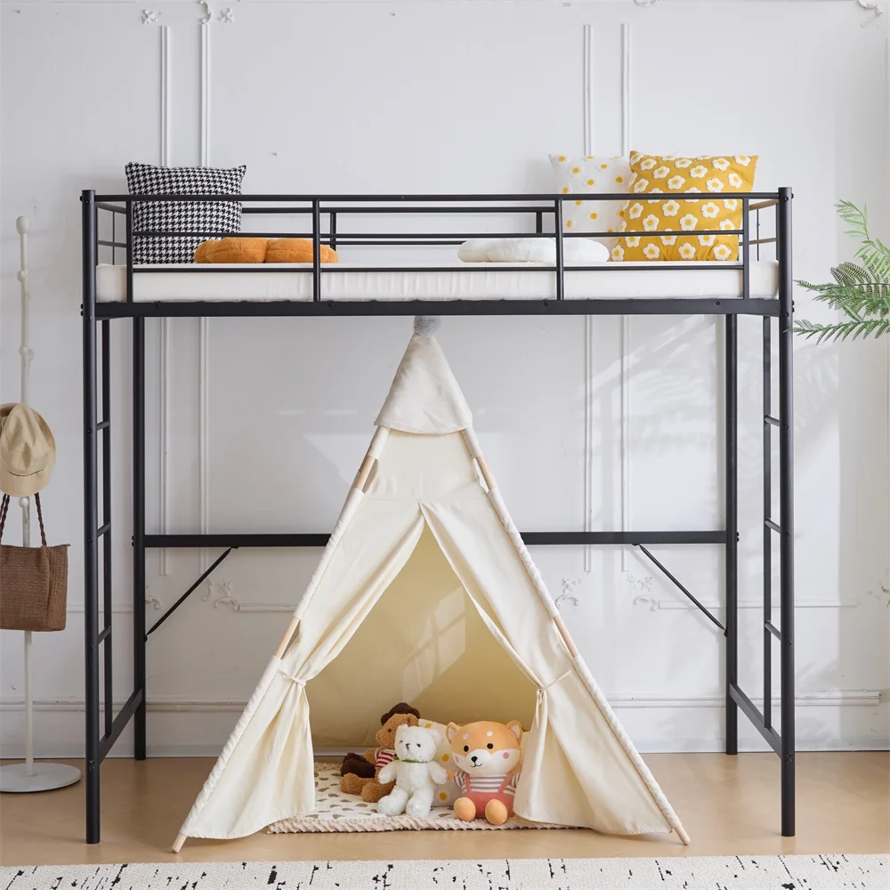 Loft Bed Full Size with Flat Rungs for Adults Kids Young Teens Metal Slat Black