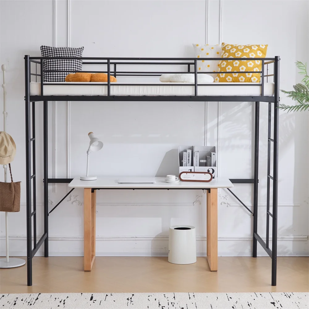 Metal Loft Bed Frame Full Size Heavy-duty Steel Slats Support Loft Bed White